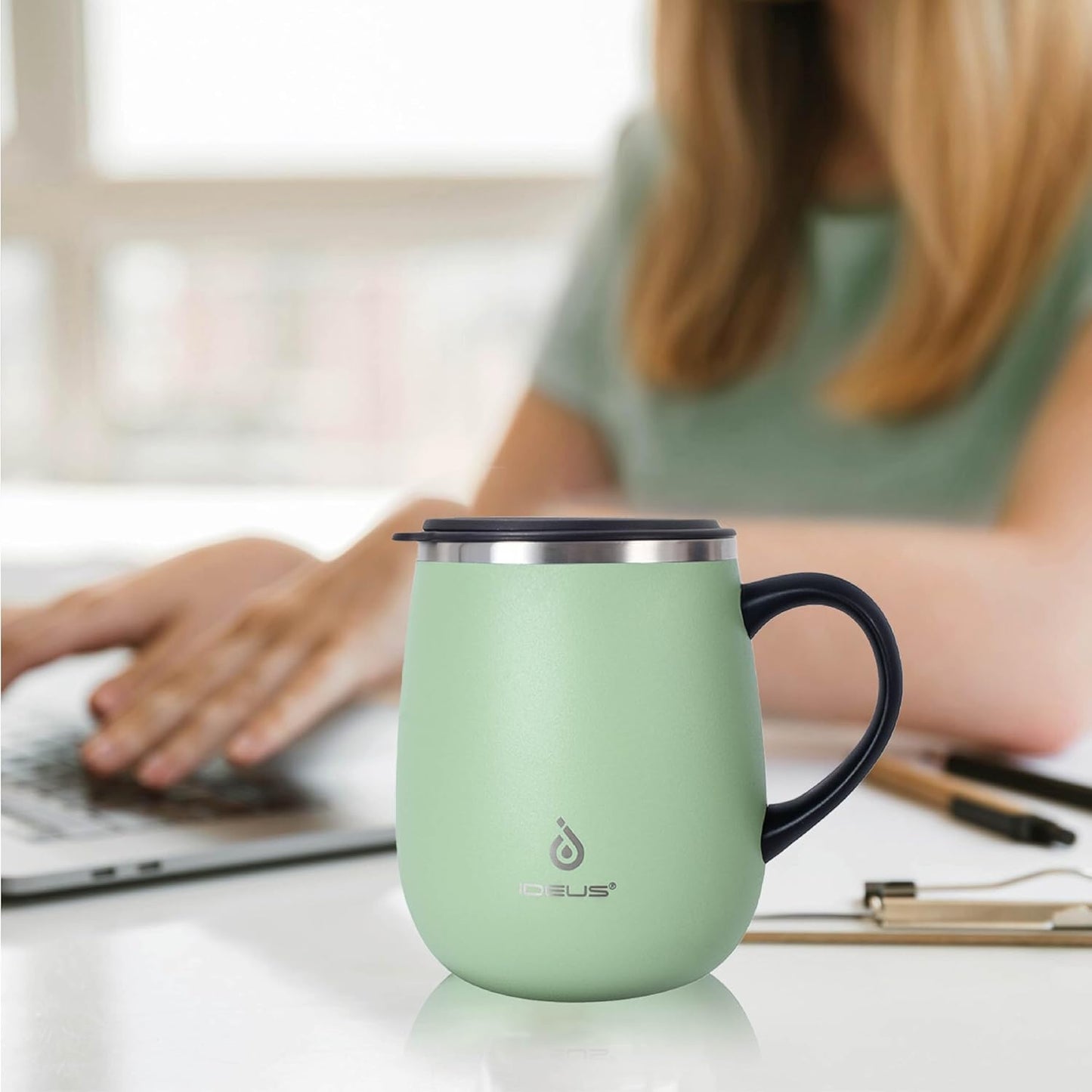 Ideus 16 oz Insulated Coffee Mug with Handle and Lid, Double Wall Stainless Steel Vacuum Thermal Coffee Mug, Travel Coffee Cup Thermal Cup for Home and Office, Avocado Green