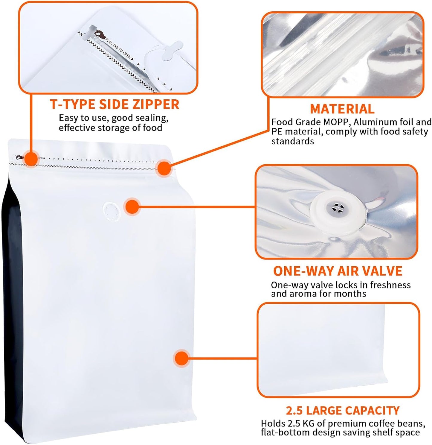 New 2.5 KG Large Capacity Coffee Bags with Valve (50 PCS) White Sides Black High Barrier Aluminum Foil Flat Bottom Standing Coffee Beans Storage Packaging Bags, Reusable Heat Seal Side Zipper Pouches