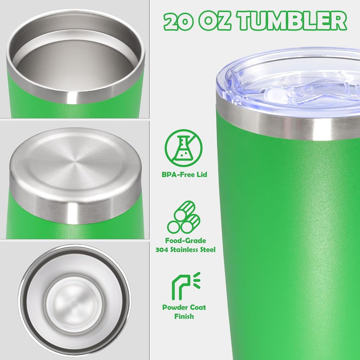 20oz Tumbler Stainless Steel Tumbler Cup with Lid Vacuum Insulated Double Wall Travel Mug, Durable Powder Coated Travel Coffee Tumbler Mug for Hot & Cold Drinks, Green,1 Pack