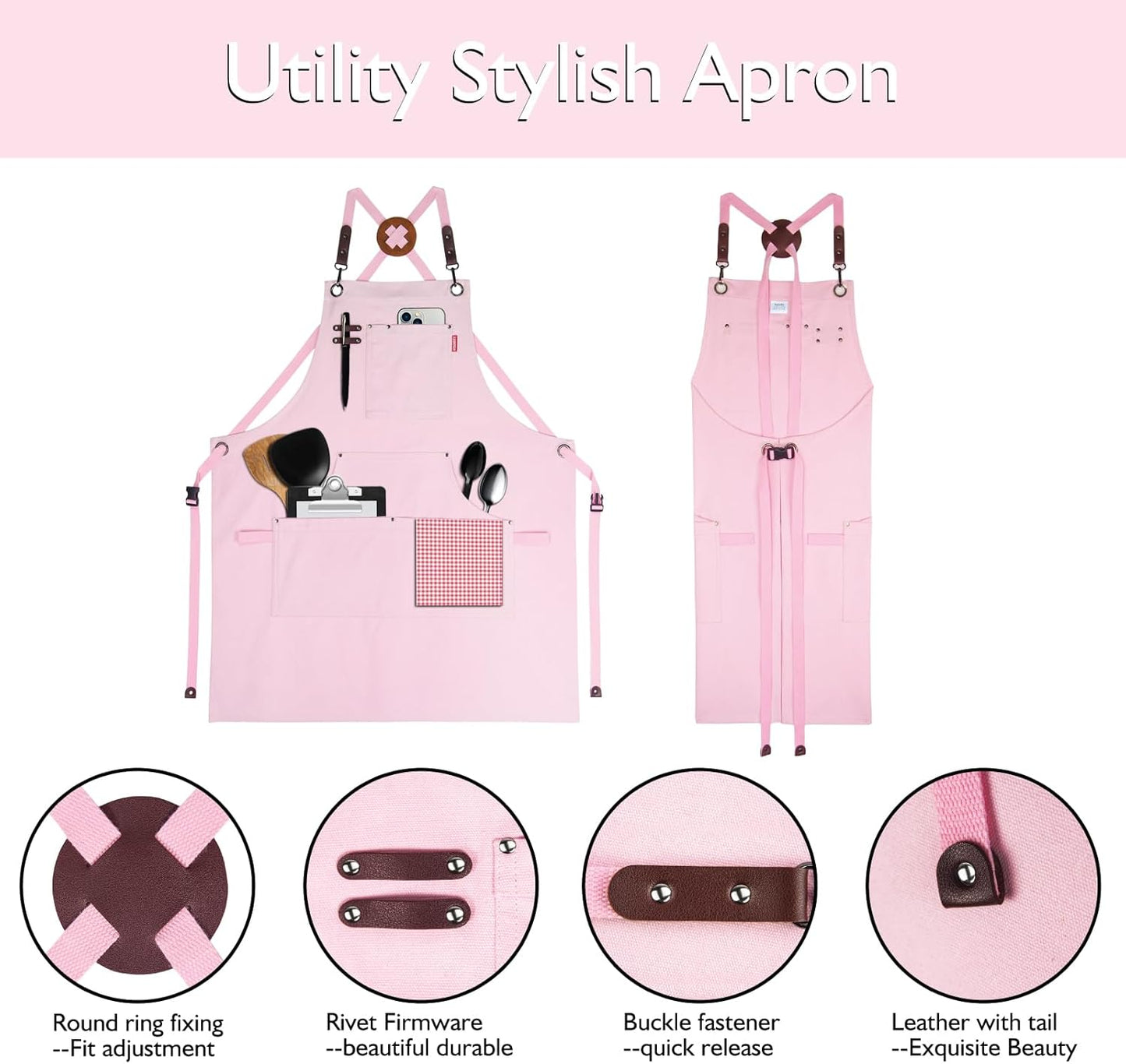 5 Pack Kitchen Apron, Work Apron, Canvas, Multiple Pockets, Gardening, Painting, BBQ, Artist, Carpenter, Sizes M to XXL, Pink