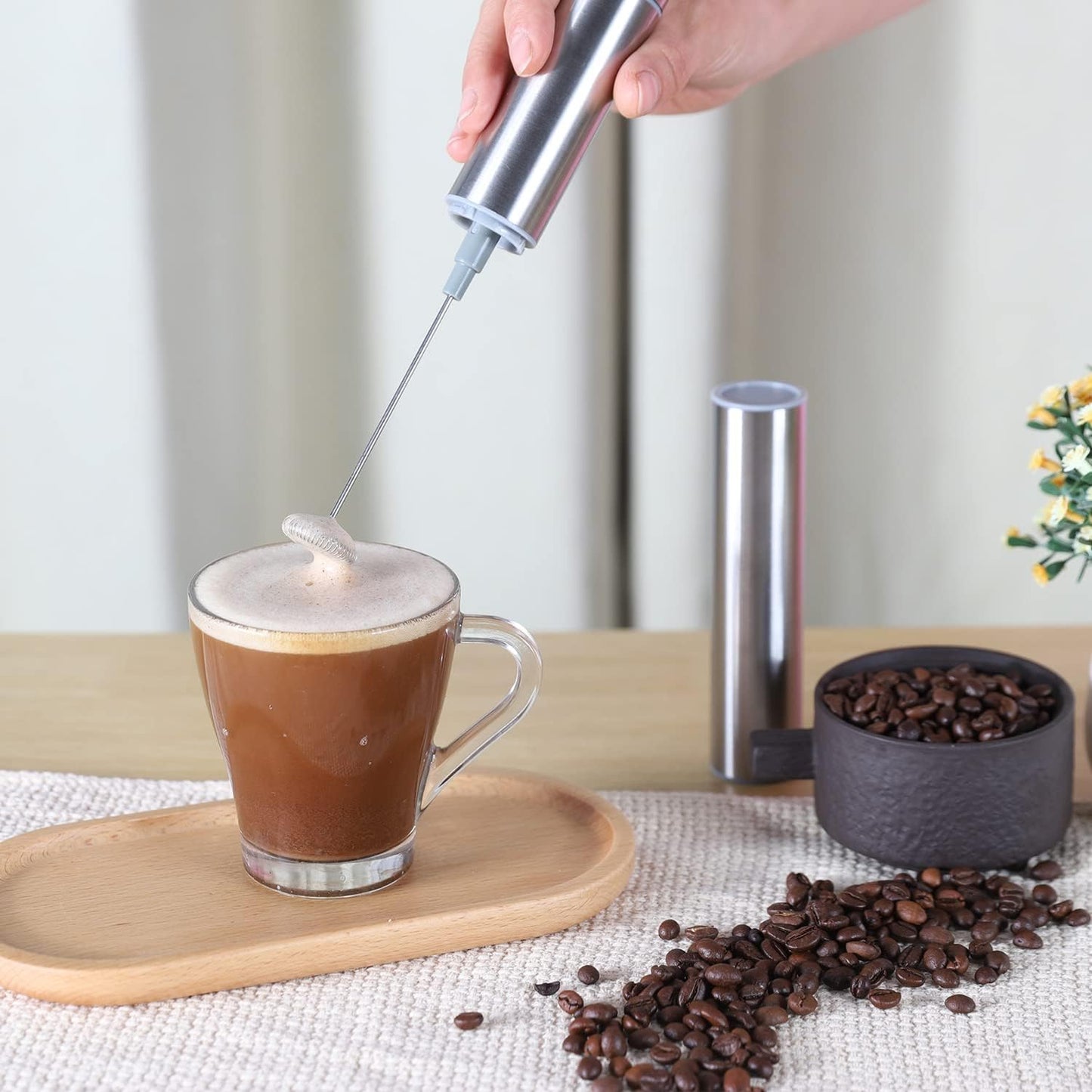 Milk Frother, Handheld Battery Operated Frother for Coffee,Portable Drink Mixer with 2 Stainless Steel Whisk Heads, Milk Foamer for Keto Coffee, Latte, Cappuccino, Hot Chocolate, Silver
