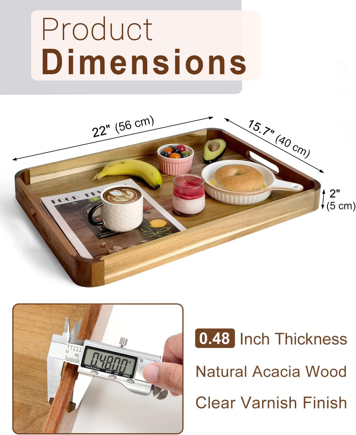 22 Inches Acacia Wood Serving Tray with Handles, Large Wooden Rectangle Ottoman Tray, Nice Home Decor for Living Room Coffee Table Couch, Ideal Size for Serving Food Breakfast BBQ Party