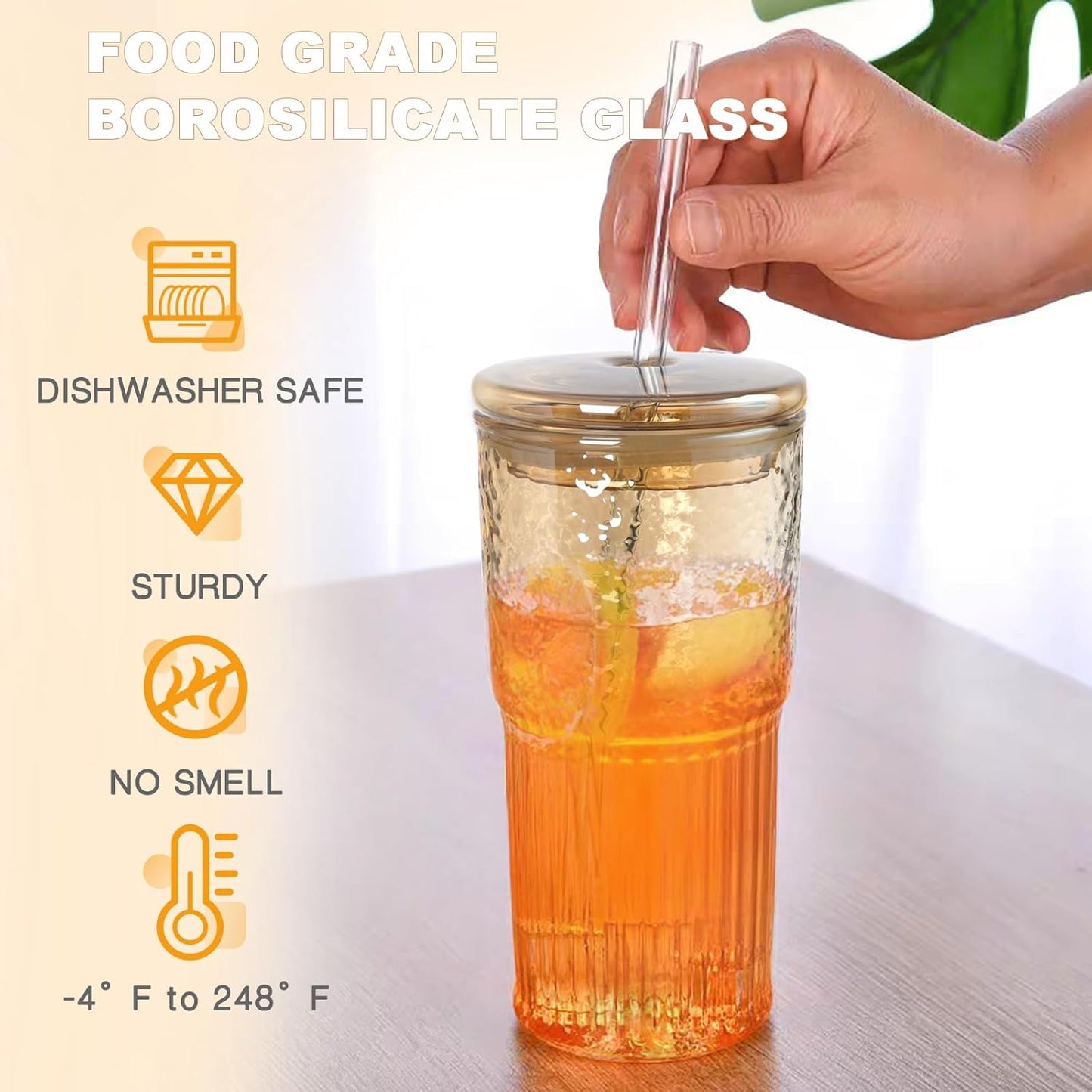 Glass Cups with Lids and Straws, Amber 20 OZ Iced Water Glasses Tumblers for Ice Juice, Tea, Milk, Smoothie and Cold or Hot Drinks, Set of 2