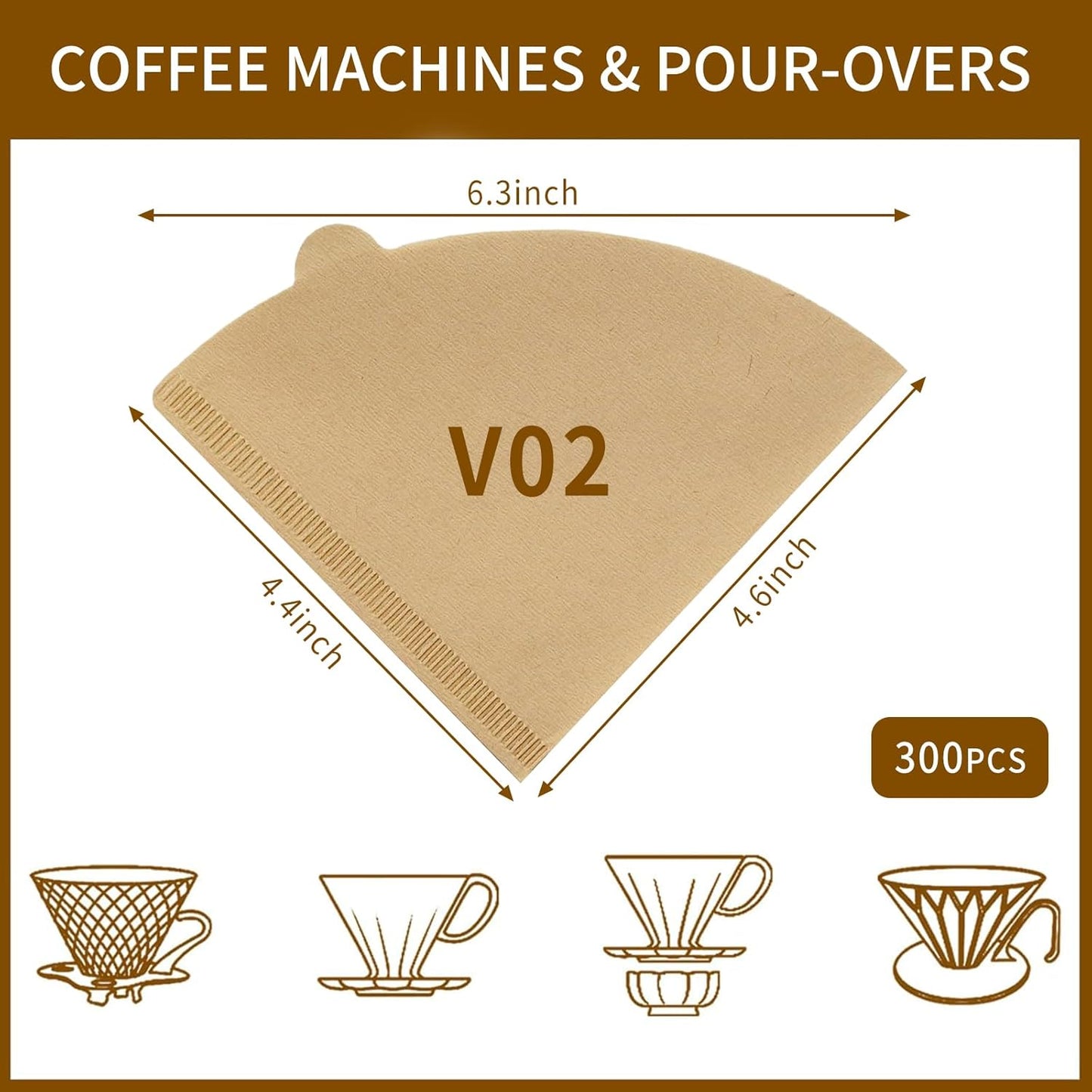 V60 Coffee Filters, 300 Count Size 02 Pour Over Coffee Filter, 1-4 Cups Disposable Cone Paper Coffee Filters 2， Compatible with Conical Shaped Dripper and Drip Coffee Maker，Natural