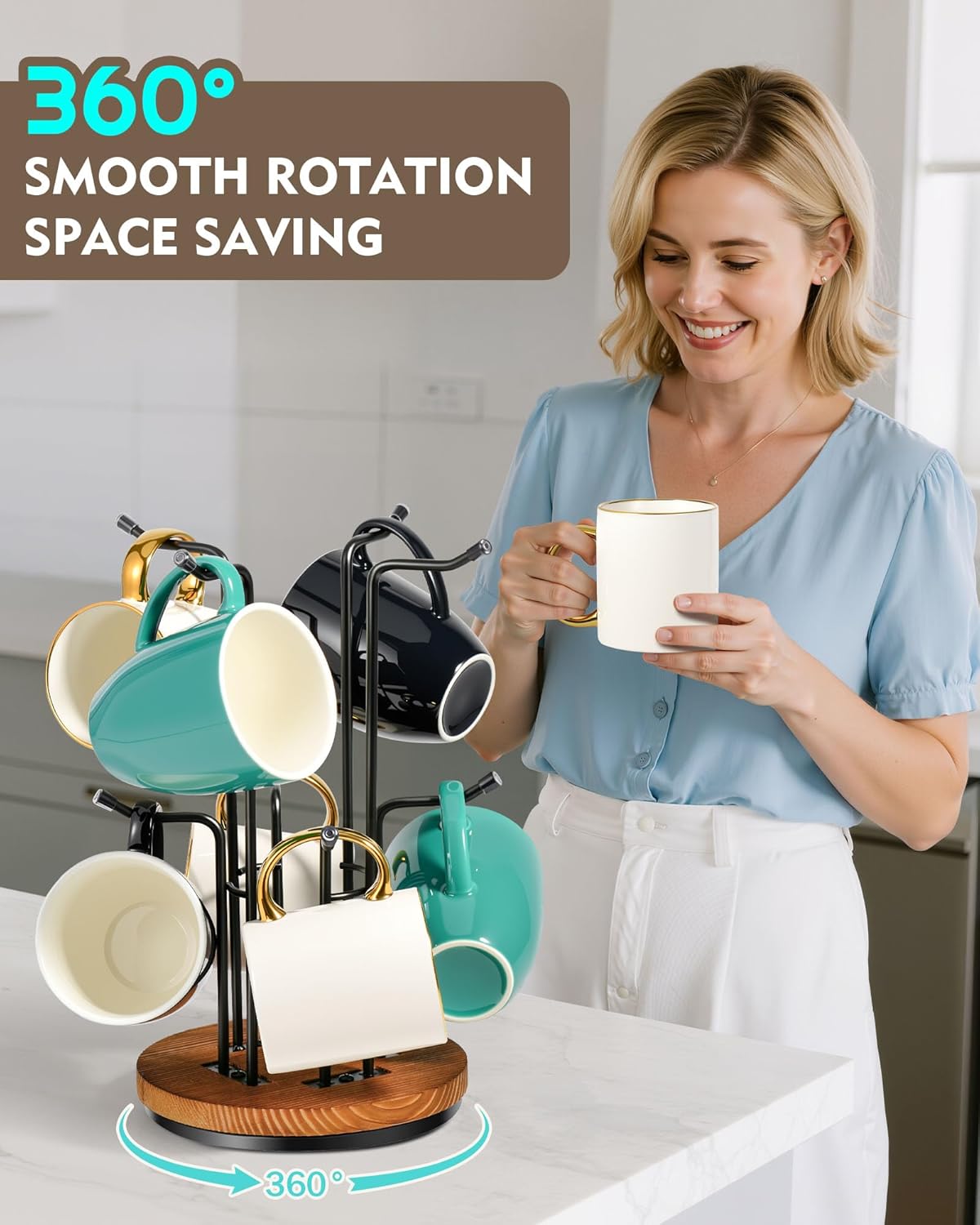 HULISEN 360° Rotating Mug Tree for Large Cups, Counter Coffee Mug Holder with 8 Hooks, Metal Coffee Cup Rack Stand for Countertop with Stable Wooden Base, Kitchen Counter Decor