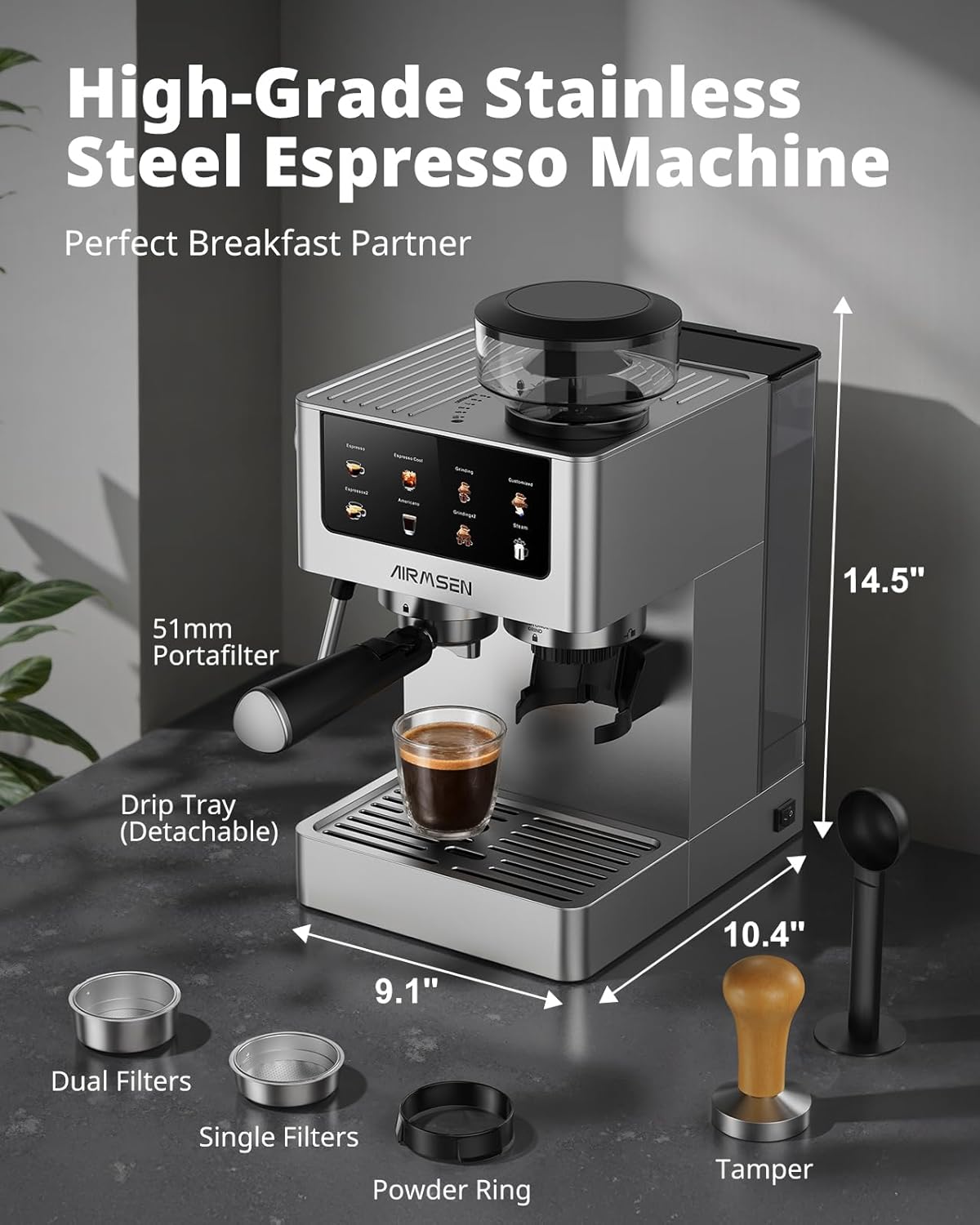 AIRMSEN Espresso Machines with Burr Grinder, 20 Bar, Milk Frother Steam Wand, Stainless Steel Coffee Maker for Home - Cappuccino Latte & Cold Brew Iced Coffee Maker & Americano