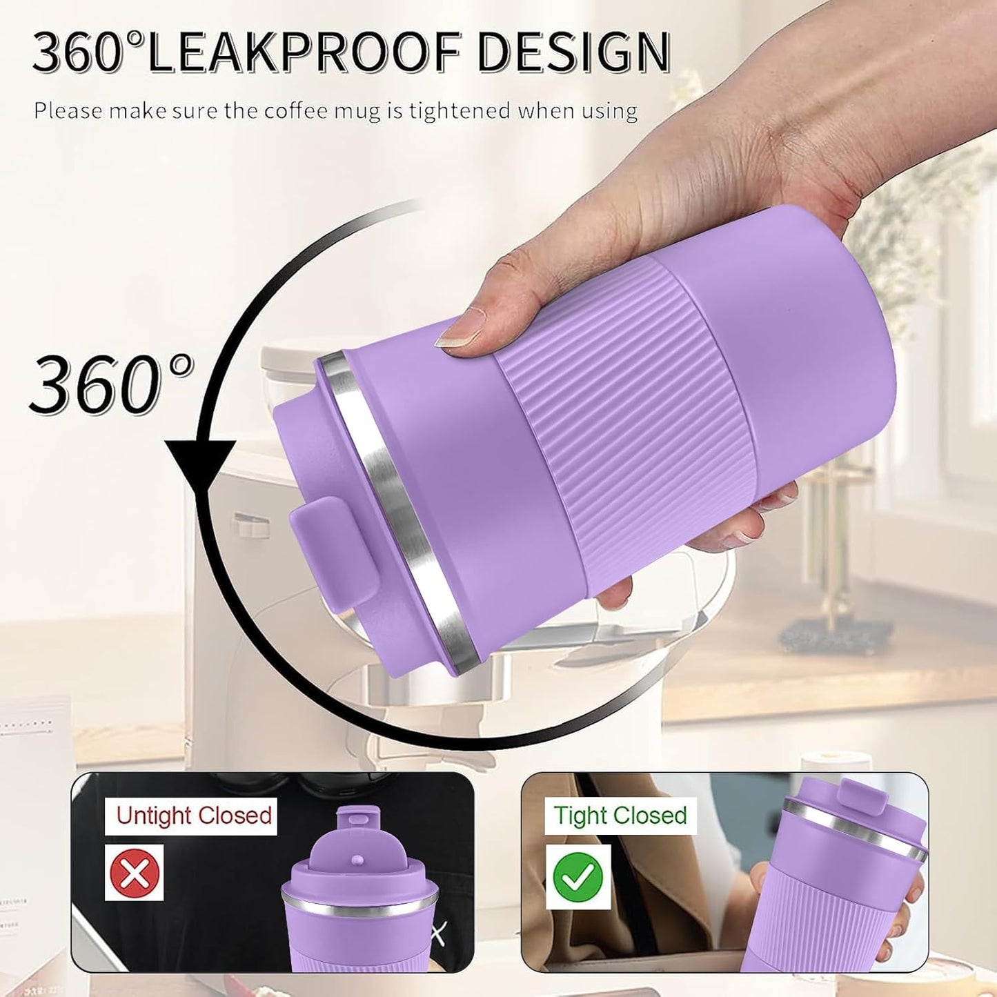 YINBAOGE Insulated Travel Coffee Mug Spill Proof Leak Proof Pobtable To Go Camping Stainless Steel Coffee Tumbler Reusable Coffee Cups with Lids Thermos for Hot and Cold Drink (Purple, 17 OZ)