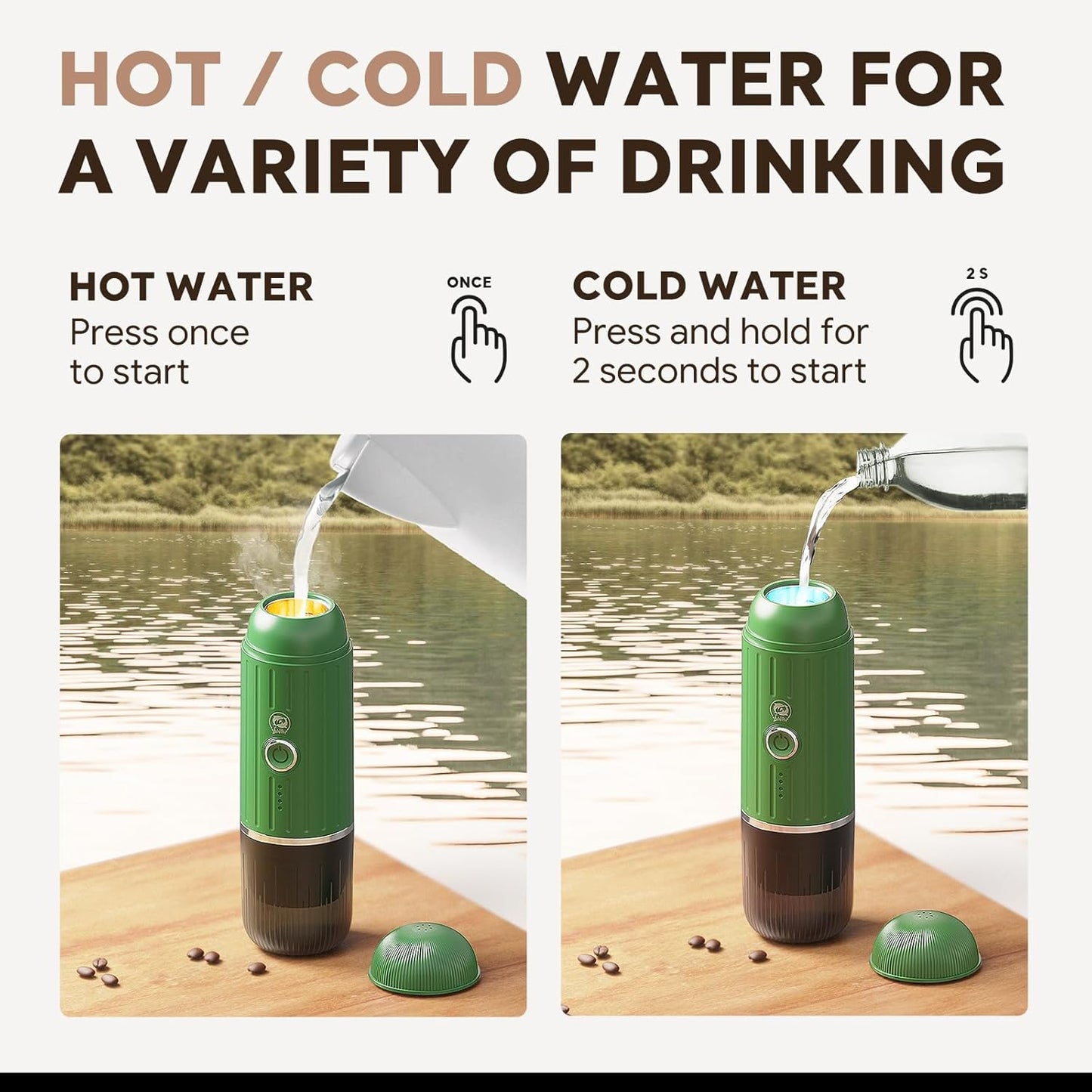 Fast self-heating Portable Electric Espresso Coffee Maker, 2 IN 1 Extraction Espresso Machine, Support Ground Coffee and NS capsule, for Travel,Car,Hiking,Climbing（Green） Rich Crema