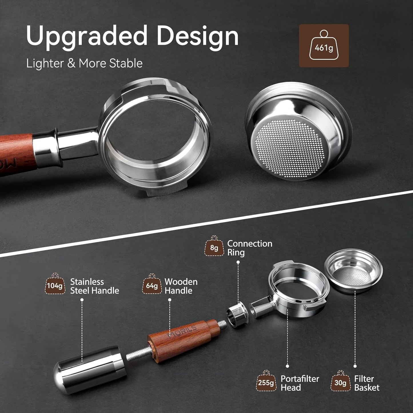 Bottomless Portafilter 58mm with Double Shot Filter Basket & Premium Walnutwood Handle, Portafilter with Puck Screen Compatible with All Breville 58mm Machines, Espresso Accessories, Silver