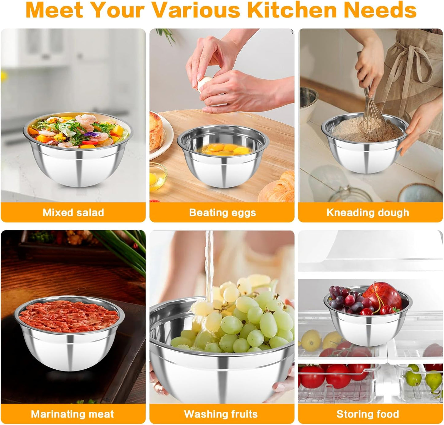 7 Piece Metal Mixing Bowls with Lids Set, Stainless Steel Nesting Design Salad Mixing Bowl Set for Kitchen Cooking, Baking, Prepping and Serving Food (Size 0.7, 1.1, 1.5, 2.1, 3.5, 4, 4.5QT)