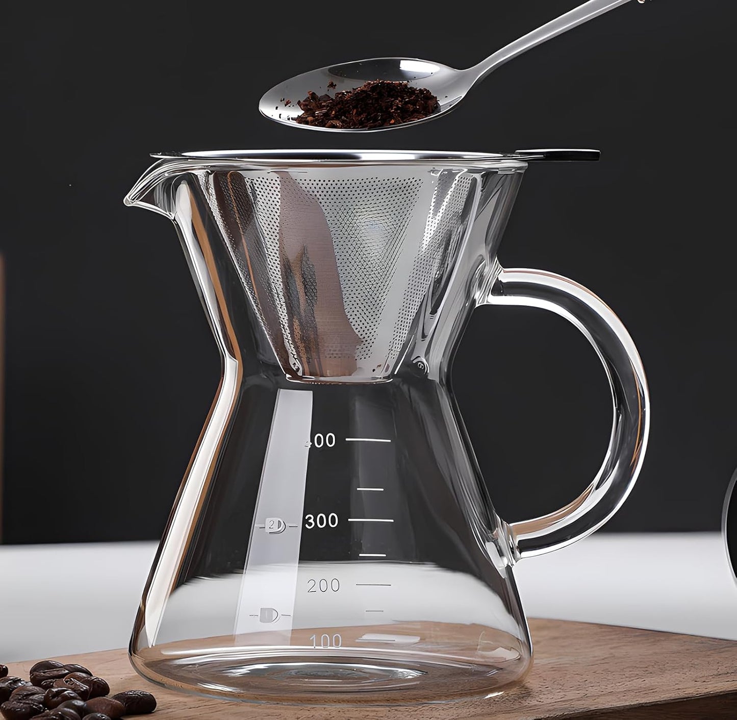 Pour Over Coffee Maker with Reusable Stainless Steel Drip Filter, Glass Drip Coffee Maker Set, Lead-Free Borosilicate Glass Coffee Carafe for 1-2Cup, Clear (400ml/13.5oz)