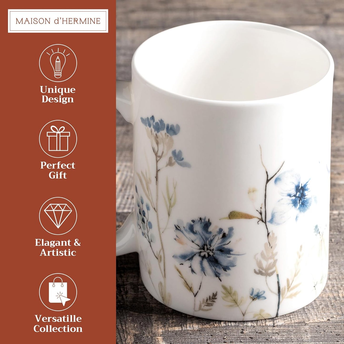 Maison d' Hermine Coffee Mug with Handles Fine Bone China Mugs Pack of One Tea Cups for Hot Beverages Cappuccino Latte Home Restaurant Office Perfect for Gift (Ice Florals - Forsty Morning, 12 Ounce)
