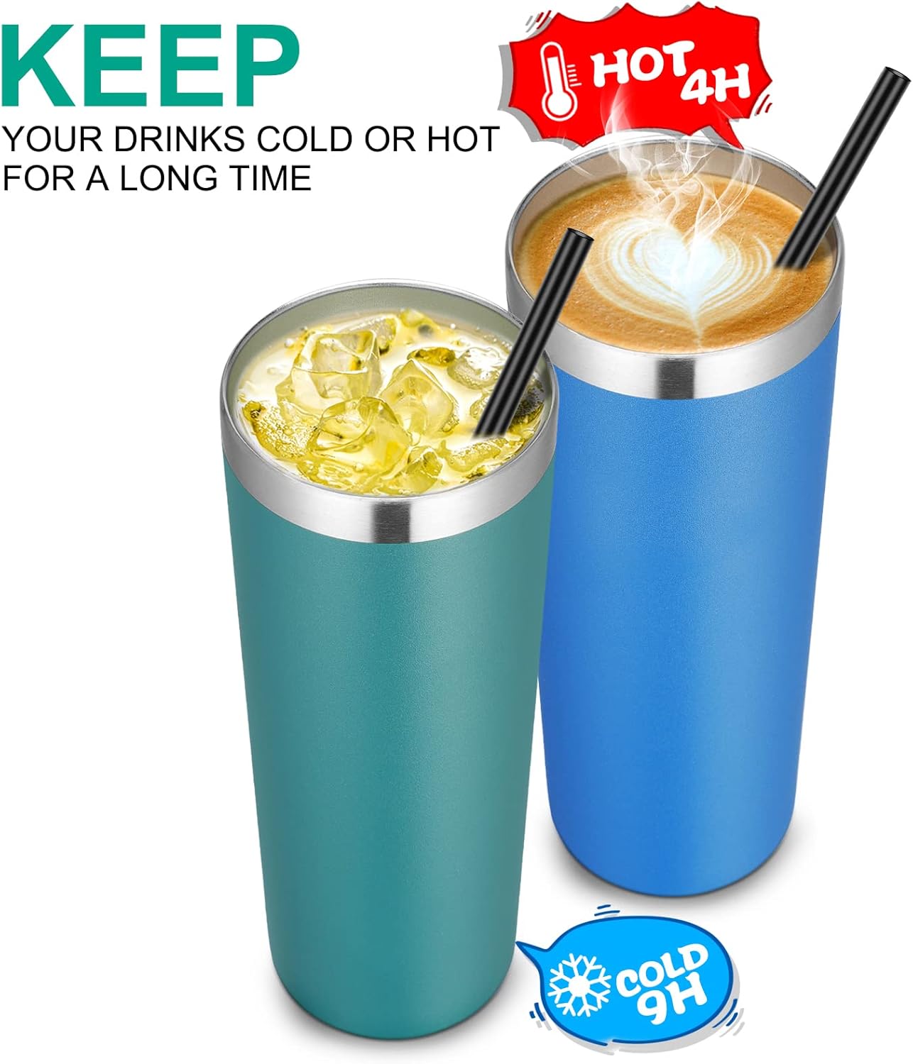 VEGOND Stainless Steel Tumblers Bulk 6 Pack, 20 oz Vacuum Insulated Skinny Tumblers with Lid and Straw, Double Wall Coffee Mug, Travel Water Cup, Dark Green