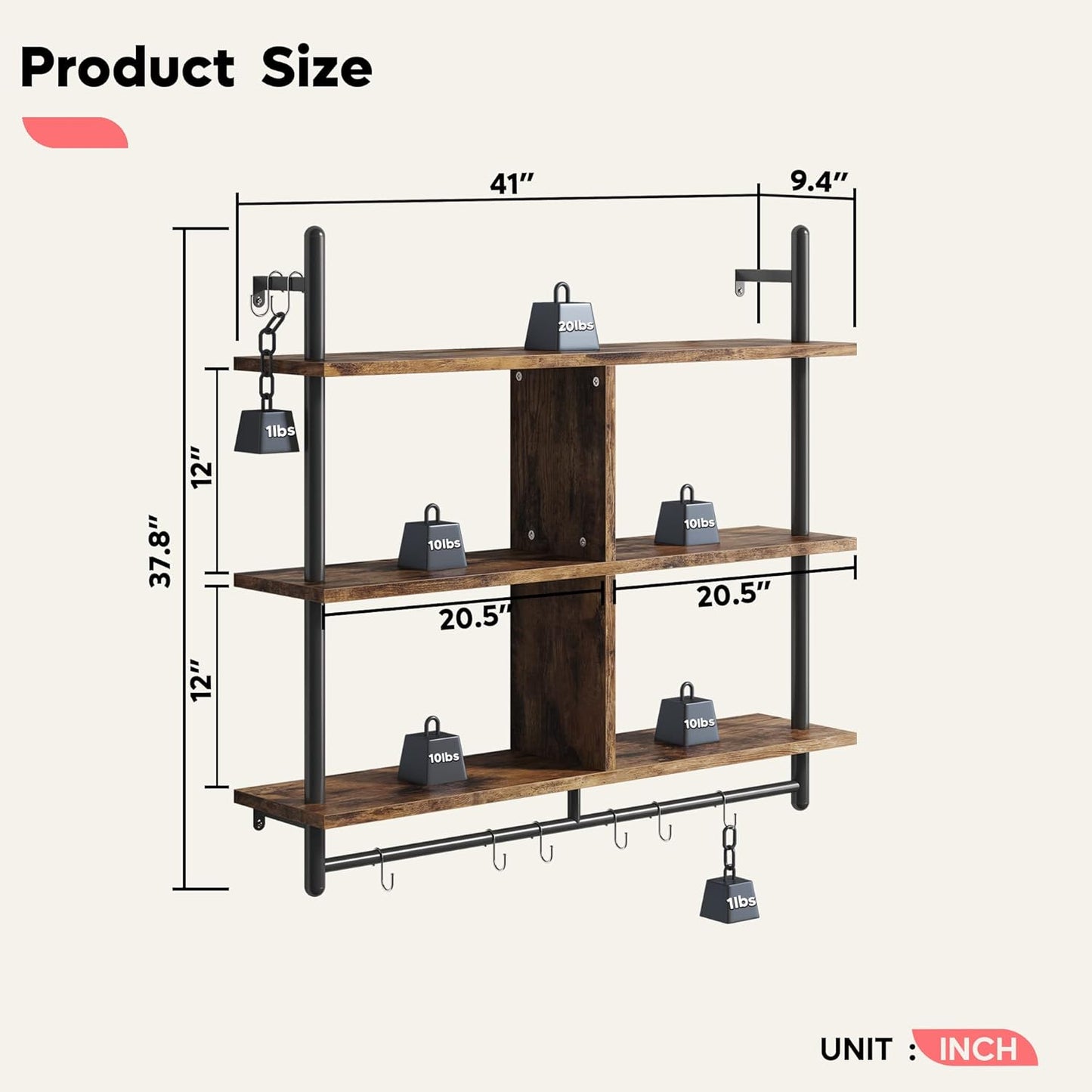Bestier Floating Pipe Shelving Kitchen Shelves Wall Mounted 3 Tier 41.5" Ladder Coffee Bar Shelf Hanging with Circular Tube, Display Bookshelf Storage for Living Room Kitchen, Rustic Brown