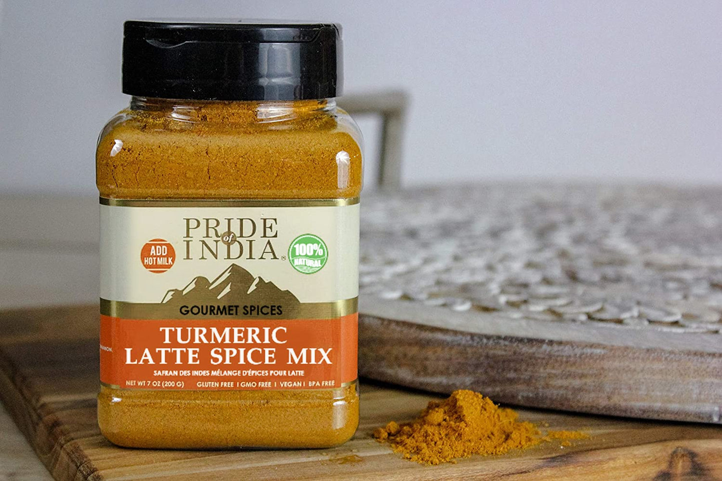 Pride of India - PACK of 6 - Turmeric Latte Spice Mix – Gourmet & Warm Tea Spice Blend – Healthy/Gluten-Free – Ideal for Lattes/Smoothies/Golden Milk – Easy to Store – 7 oz. Medium Dual Sifter Jar
