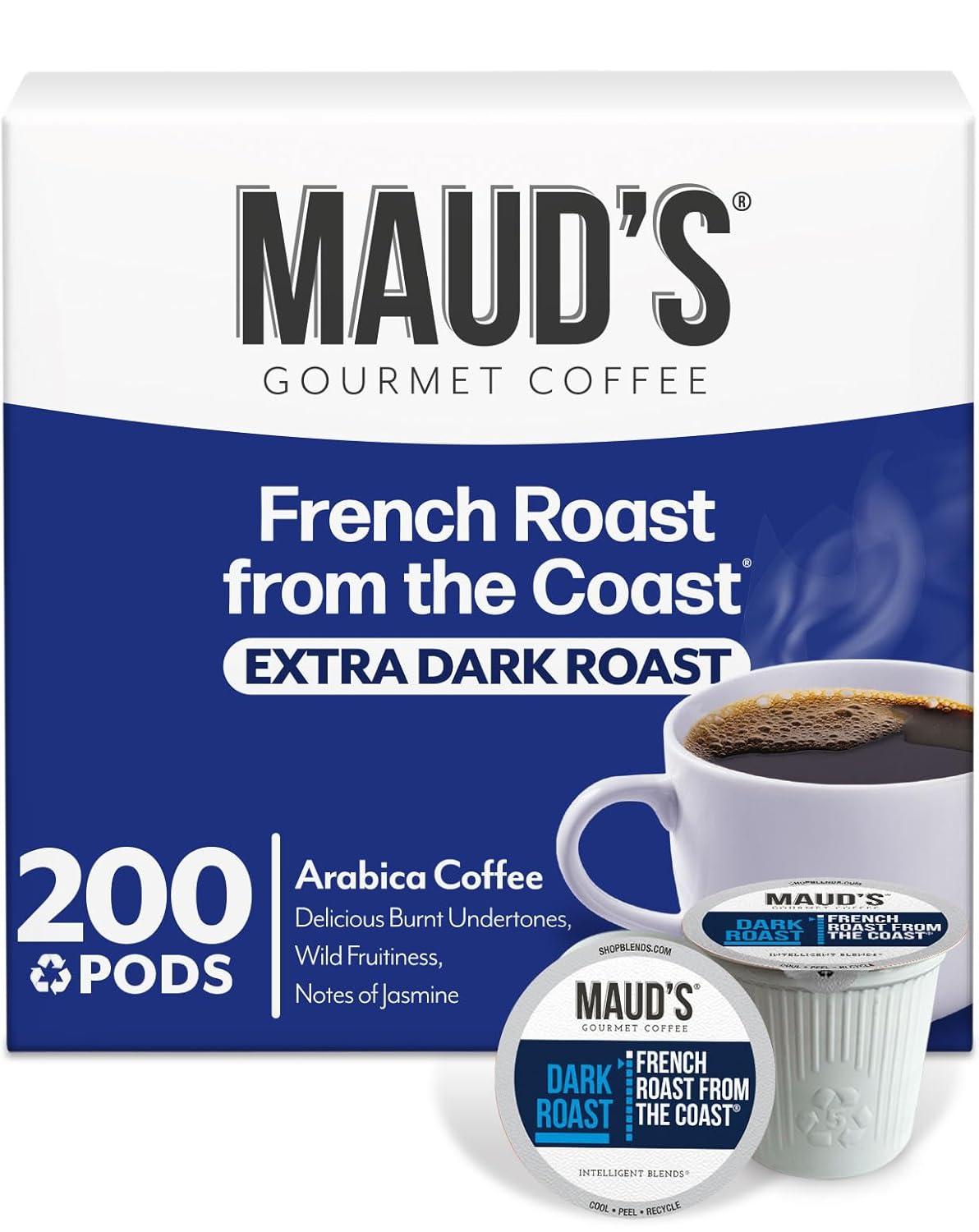 Maud's French Roast Coffee Pods, 200 ct, Dark Roast Coffee in Recyclable Single Serve Pods – 100% Arabica Coffee, Compatible with Keurig K Cups Maker