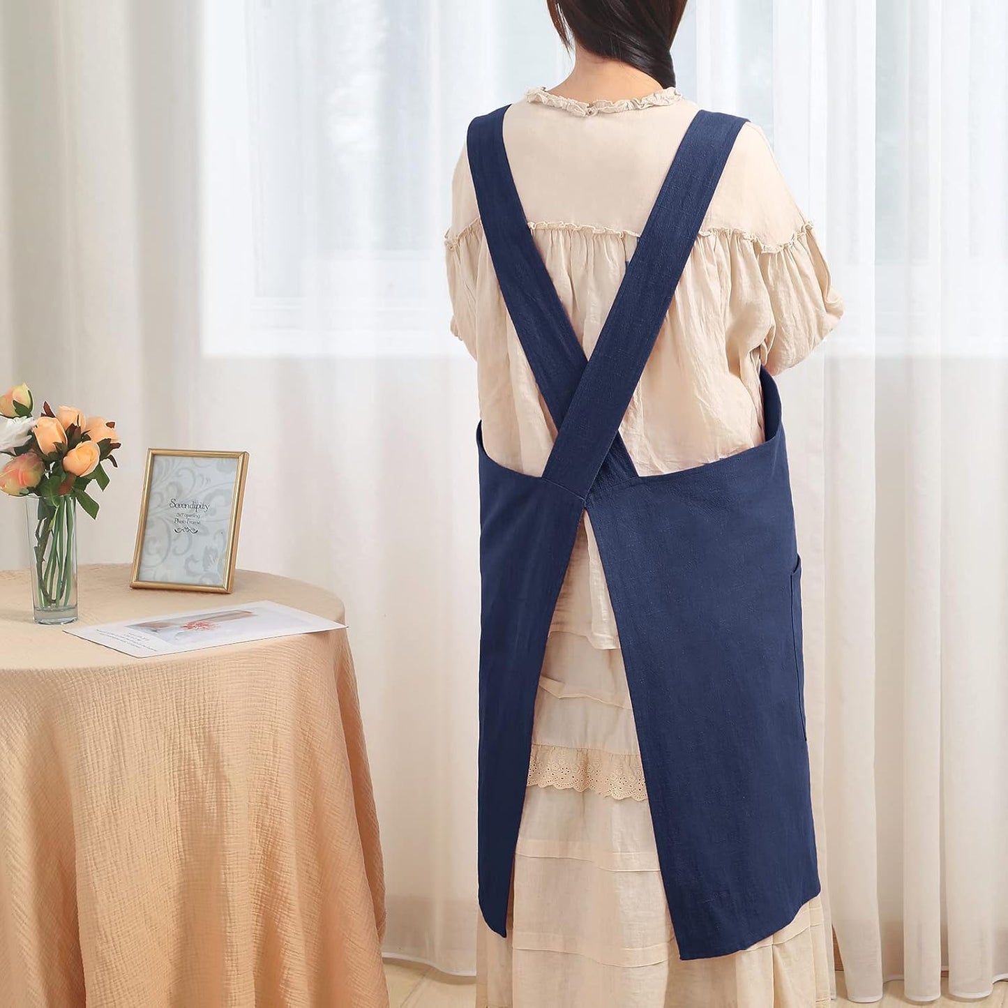 Soft Cotton Linen Apron for Women - Non-tie Cross Back Apron with Pockets, Great for Florist and Kitchen