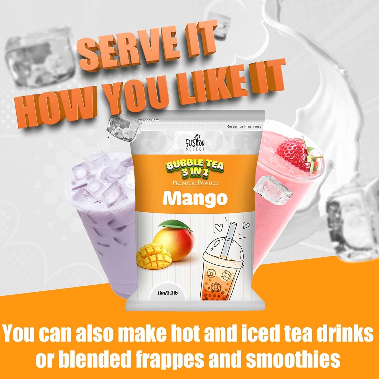Fusion Select 2.2lb Boba Tea Powder Thai Tea Mix Flavored 3-in-1 Drink Powder with Cream & Sugar - Instant Pre-Mixed Beverage for Hot or Cold Blends or Yummy Frappes Bubble Tea