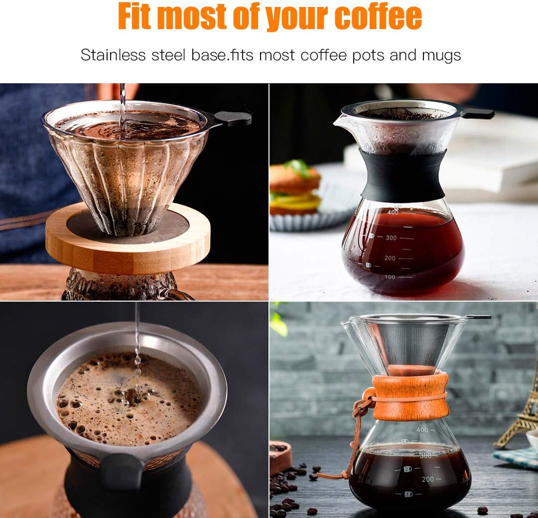 Pour Over Coffee Filter 2PCS, Stainless Steel Coffee Filter, Paperless Reusable Cone Coffee Dripper