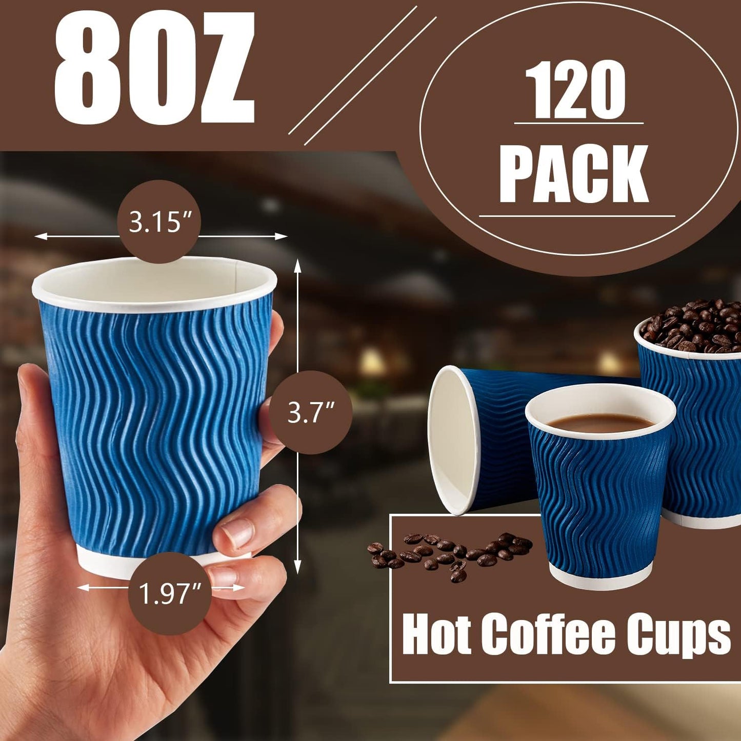 Lamosi 120 Pack 8 oz Disposable Coffee Cups, Insulated Corrugated Paper Cups, Kraft Ripple Wall Cups for Hot Beverage or Cold Drinks Office/Home/Party/Travel/Cafe (Navy)