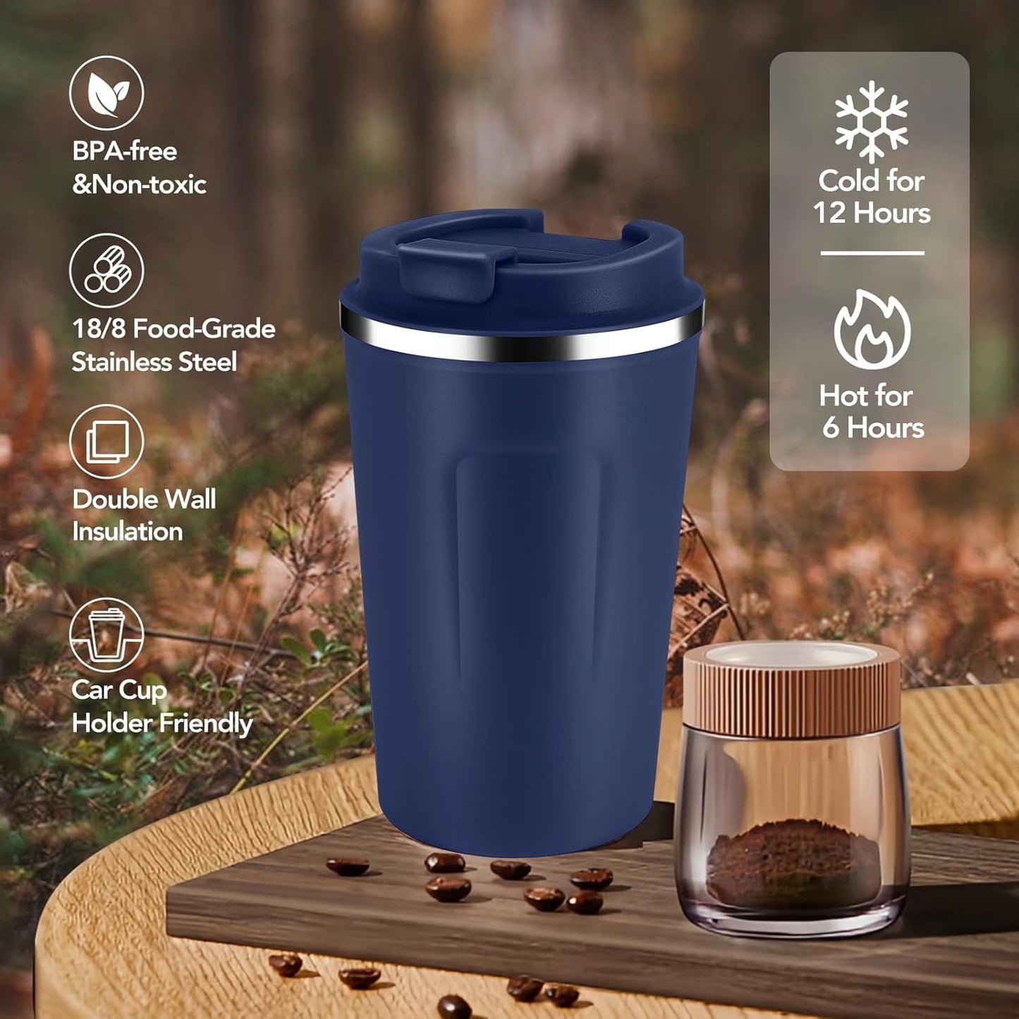 Volhoply 12 oz Double Wall Insulated Vacuum Travel Coffee Mug with Flip Lid Bulk 8 Pack,Reusable Stainless Steel Leak Proof Coffee Cup,Portable Cafe Thermal Tumblers for Hot & Cold Drinks(Navy,8 Set)