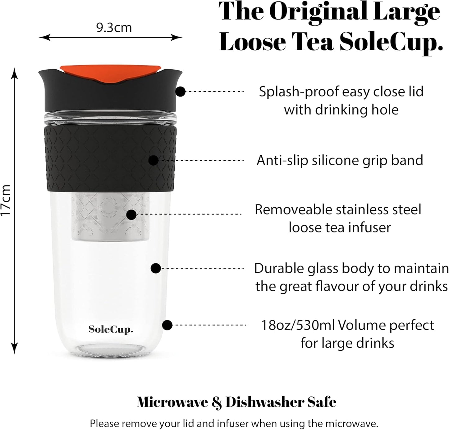 Large Travel Mug Loose Tea Infuser - Detachable Tea Strainer with Spill Proof Lid - 18oz/530ml BPA-Free Reusable Glass Travel Coffee Cup with Silicone Band (Pink) (Black)