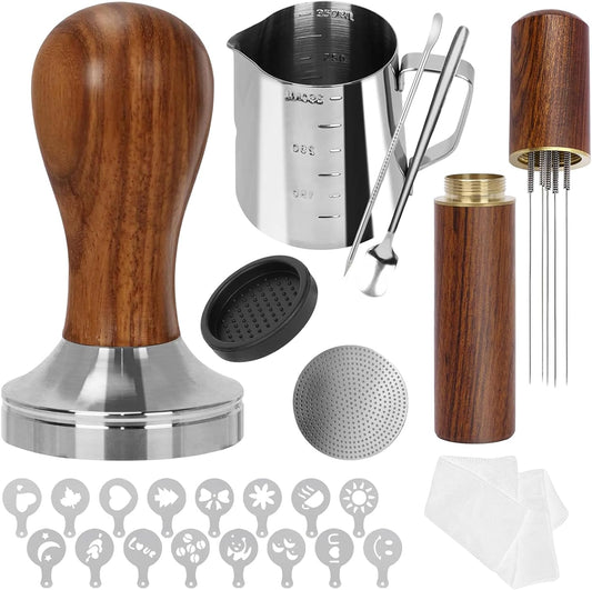 Gmnuiy51mm Coffee Tamper Set 24PCS, Espresso Accessories Kit Barista Kit,316stainlesss Tamper & WDT Tool,316stainlesss Frothing Pitcher, Stirrer, Tamper Mat, Latte Art Pen Coffee puck screen (brown)