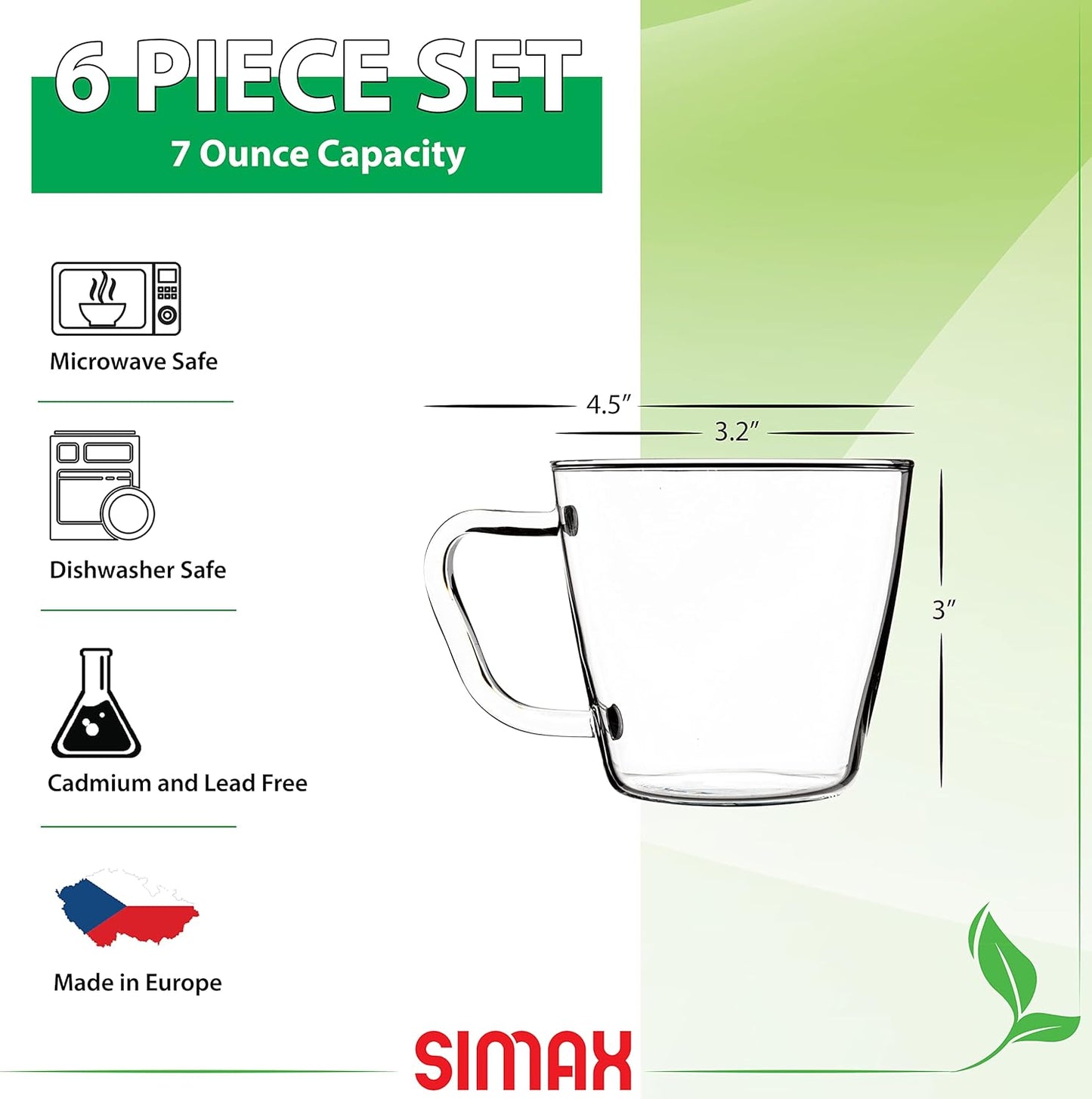 SIMAX Small Clear Glass Coffee Mug Set of 6 - 7 Ounce Heat Safe Borosilicate Tea Cups With Handles for Cappuccino