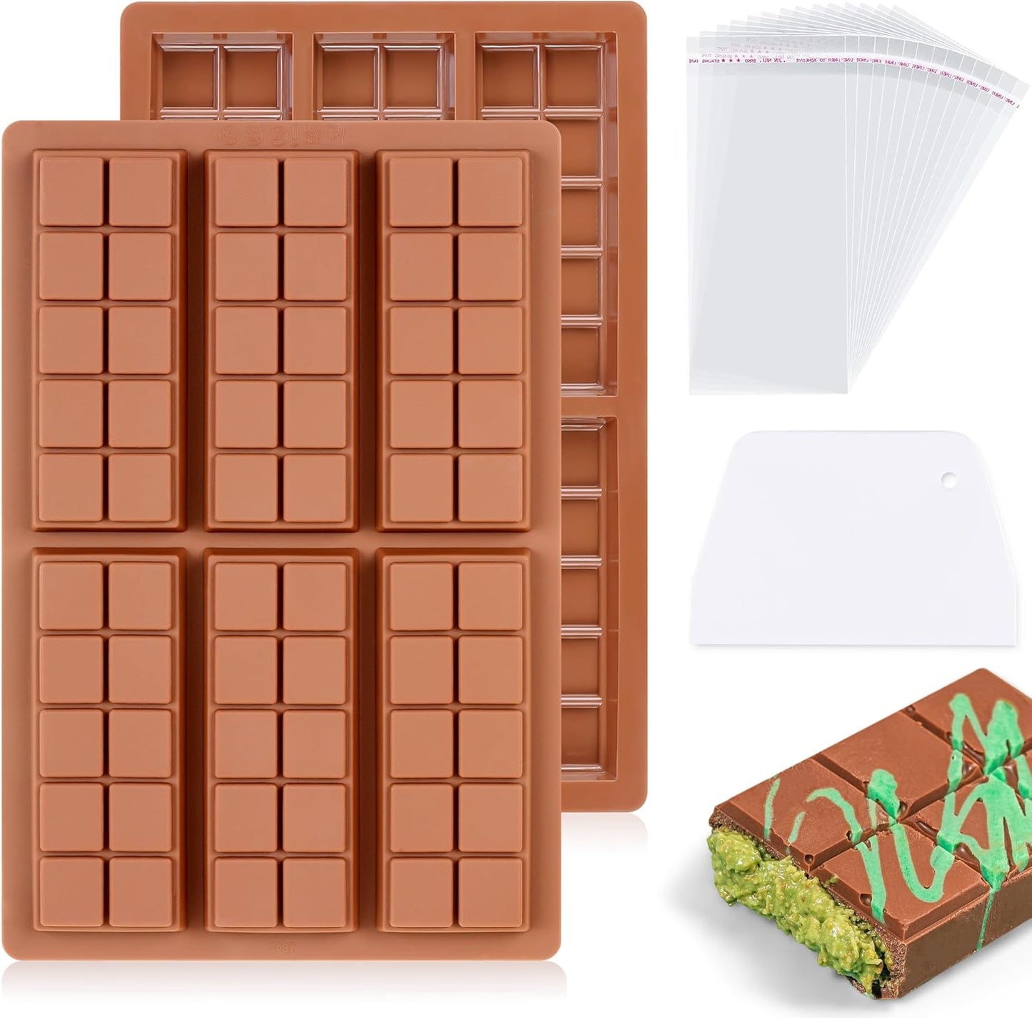2 Pcs Chocolate Bar Mold Deep Dubai Stuffed Silicone Molds for Filling Knafeh Pistachio Chocolate Bar and Wax Melts Rectangle Thick Candy Bar Molds Break Apart (10 Snap）