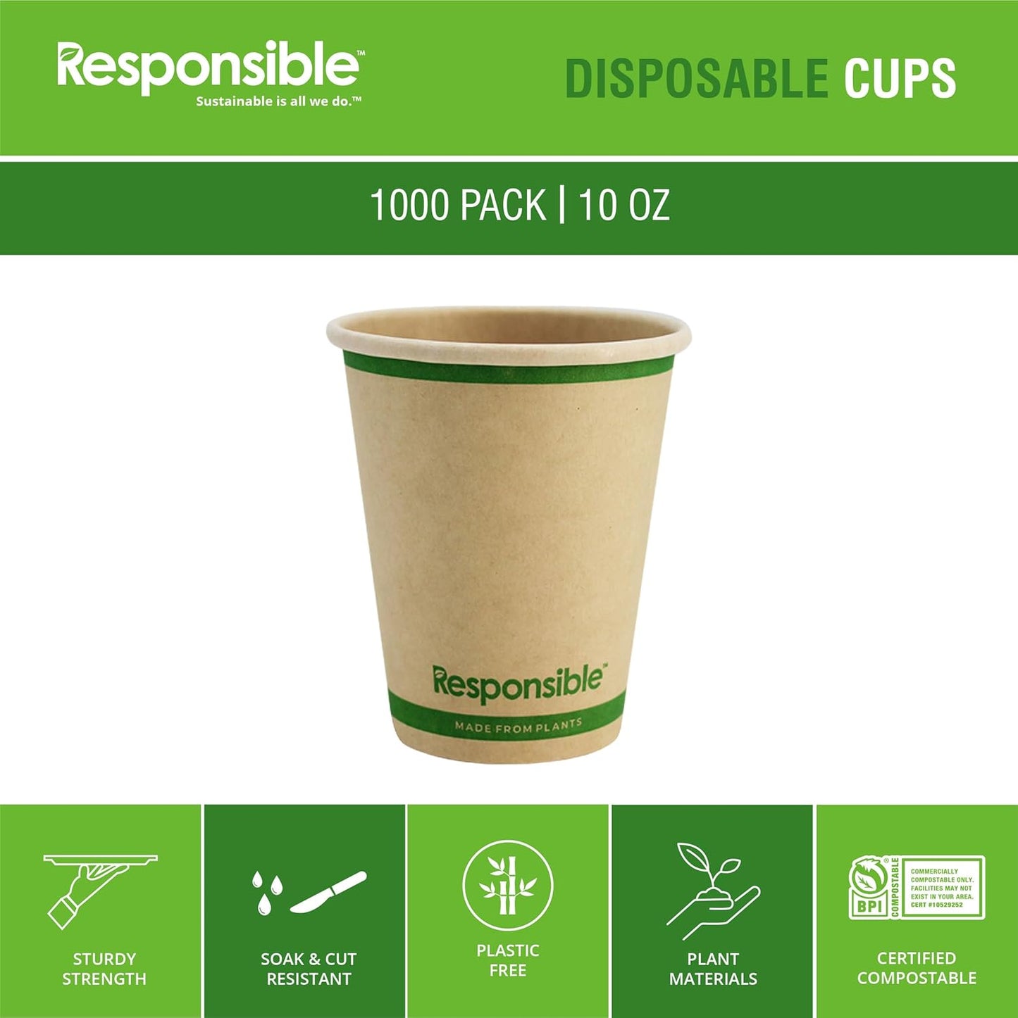 10 oz Paper Hot Cups Bulk, Tree-Less™ Compostable Paper Coffee Cups, Extra Strength, Tree-Free and Made Without PFAS, Natural Brown (1000 Count)