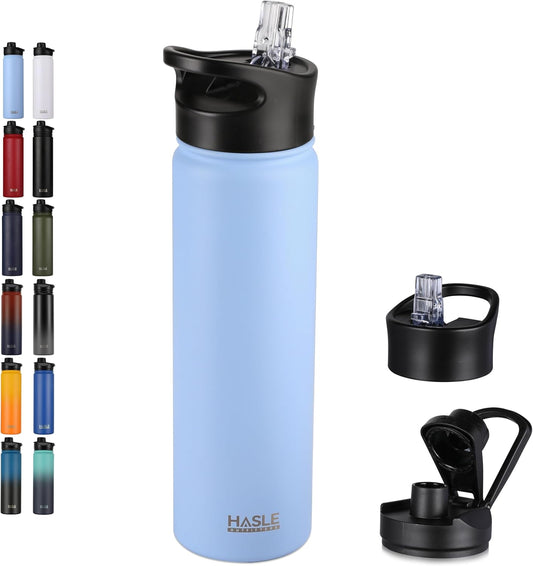 HASLE OUTFITTERS Insulated Water Bottle 22 oz Double Wall Stainless Steel Water Bottle Wide Mouth with Straw Lid & Spout Lid Keeps Cold or Hot(Blue,1)