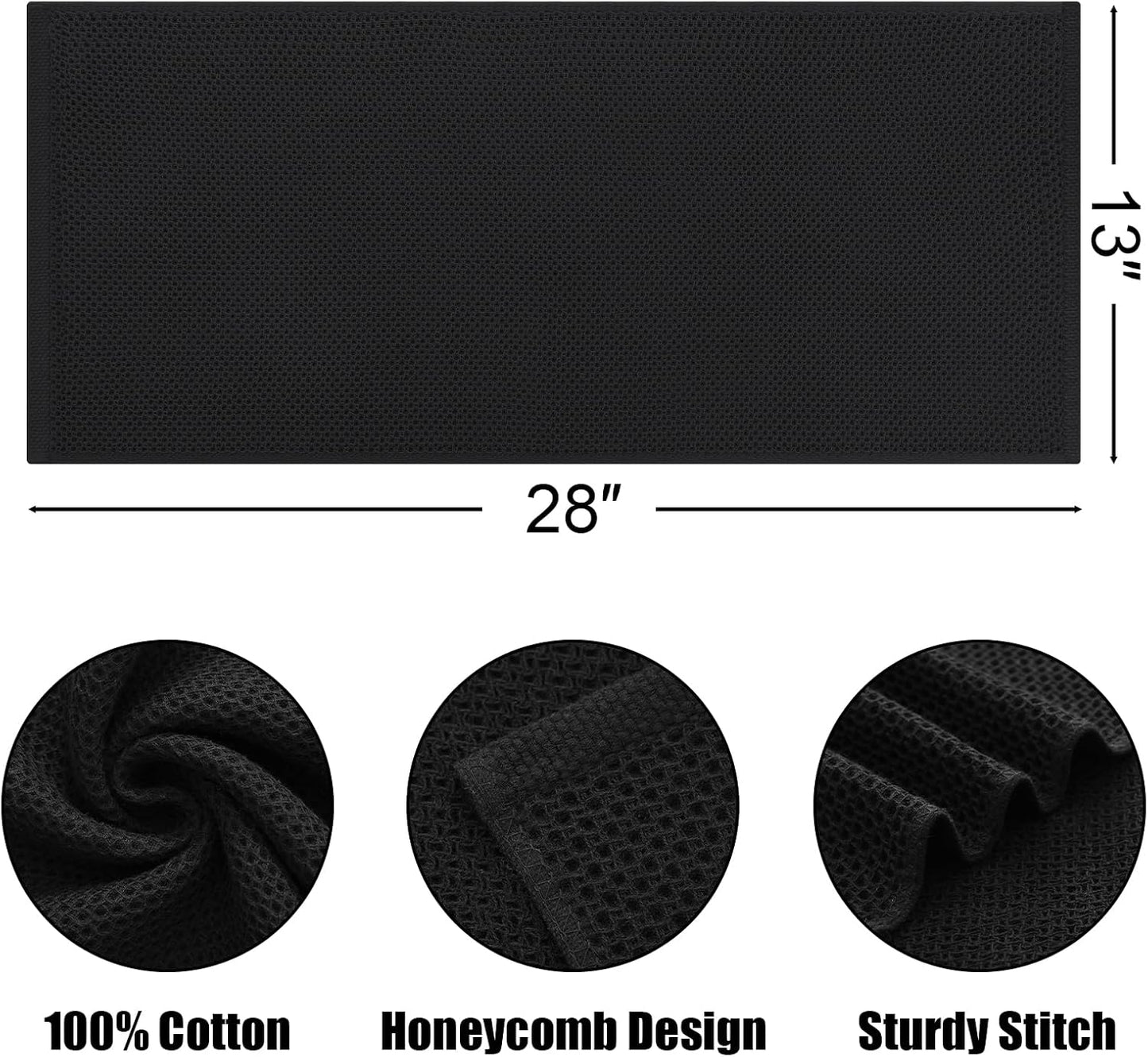 Kitinjoy 100% Cotton Waffle Weave Kitchen Towels, 6-Pack Super Soft and Absorbent Dish Towels for Drying Dishes, Kitchen Hand Towels, 13 in x 28 in, Black