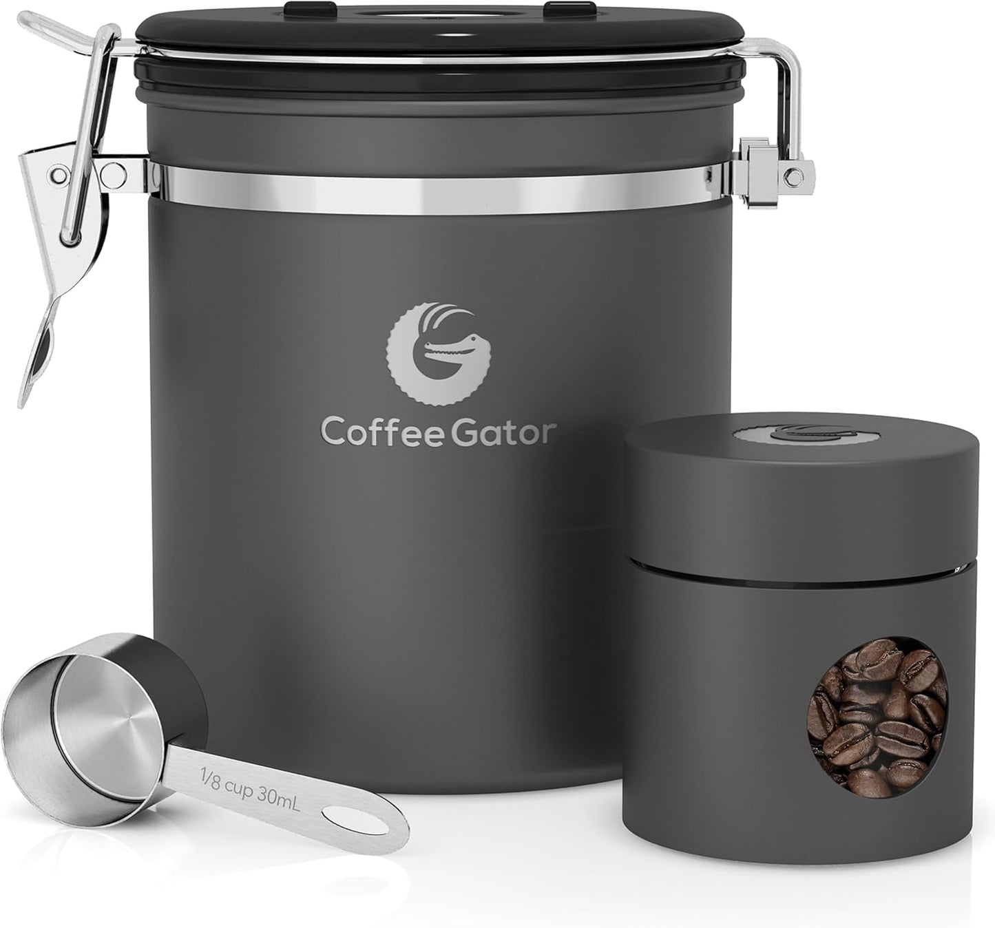 Coffee Gator Coffee Canister Airtight, 16oz Stainless Steel and 4oz Borosilicate Glass Travel Kitchen Food Storage Container with Date Tracker, Scoop for Beans, Ground, Sugar, Tea, Cookies Jars