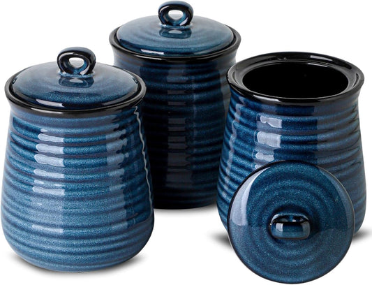Ceramic Food Storage Jars,25 Oz Porcelain Kitchen Canisters with Airtight Lids Set of 3,Flour Containers for Countertop,Farmhouse Decor Serving Ground Coffee,Tea,Sugar,Pasta and Rice,Blue