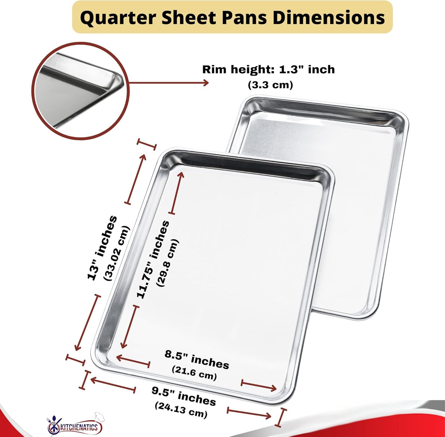KITCHENATICS Quarter Sheet Baking Pans, Premium Quality Aluminum Cookie Sheet Set - Oven Safe, Nonstick, Rimmed Cooking Trays, 1/4 Baking Sheets for Oven, Roasting, Baking - 9.6" x 13" IN, Set of 2