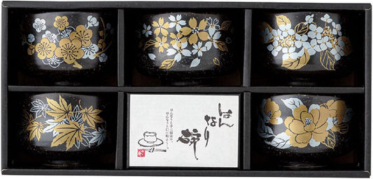 Japanese Traditional Handcrafted Matcha Chawan Tea Bowl Cup Set of 5 Ceremony Tableware Pottery (Hannnari Wan Zoroi Tenmoku)