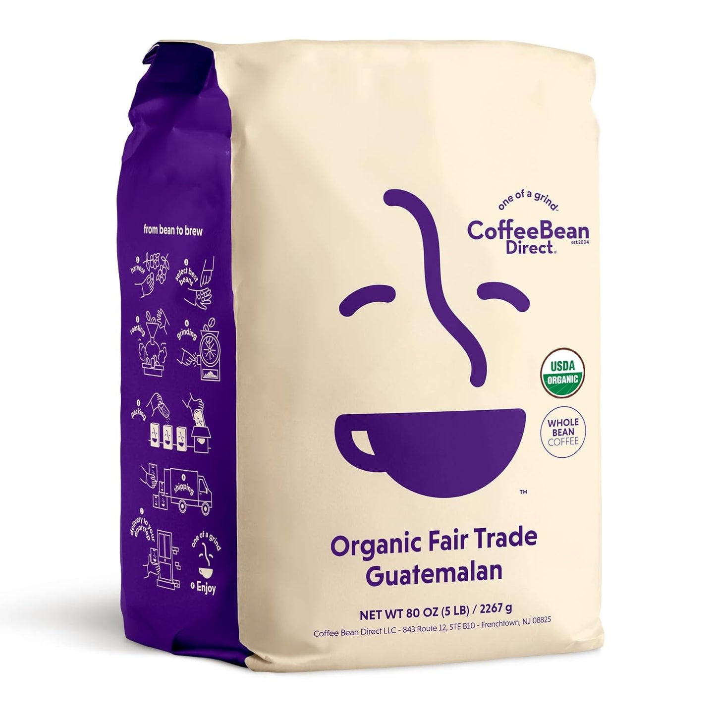 Coffee Bean Direct Organic Fair Trade Guatemalan, Whole Bean Coffee, Light Roast, 5 Pound Bag (Pack of 1)