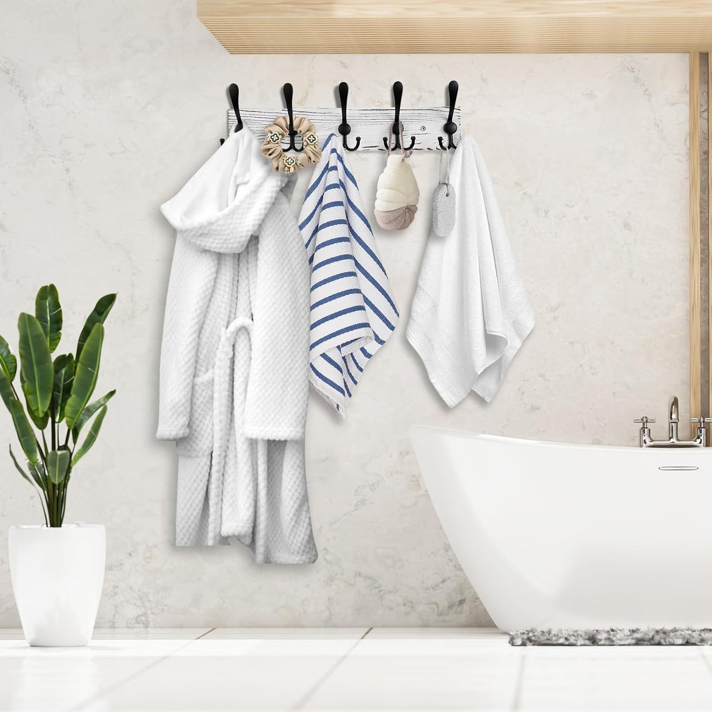 Coat Rack Wall Mount Wooden Hat Rack for Wall Hooks Pine Real Wood Plank 16.9" White Coat Hanger with 5 Black Triple Hooks for Hanging Coat Hat Jacket