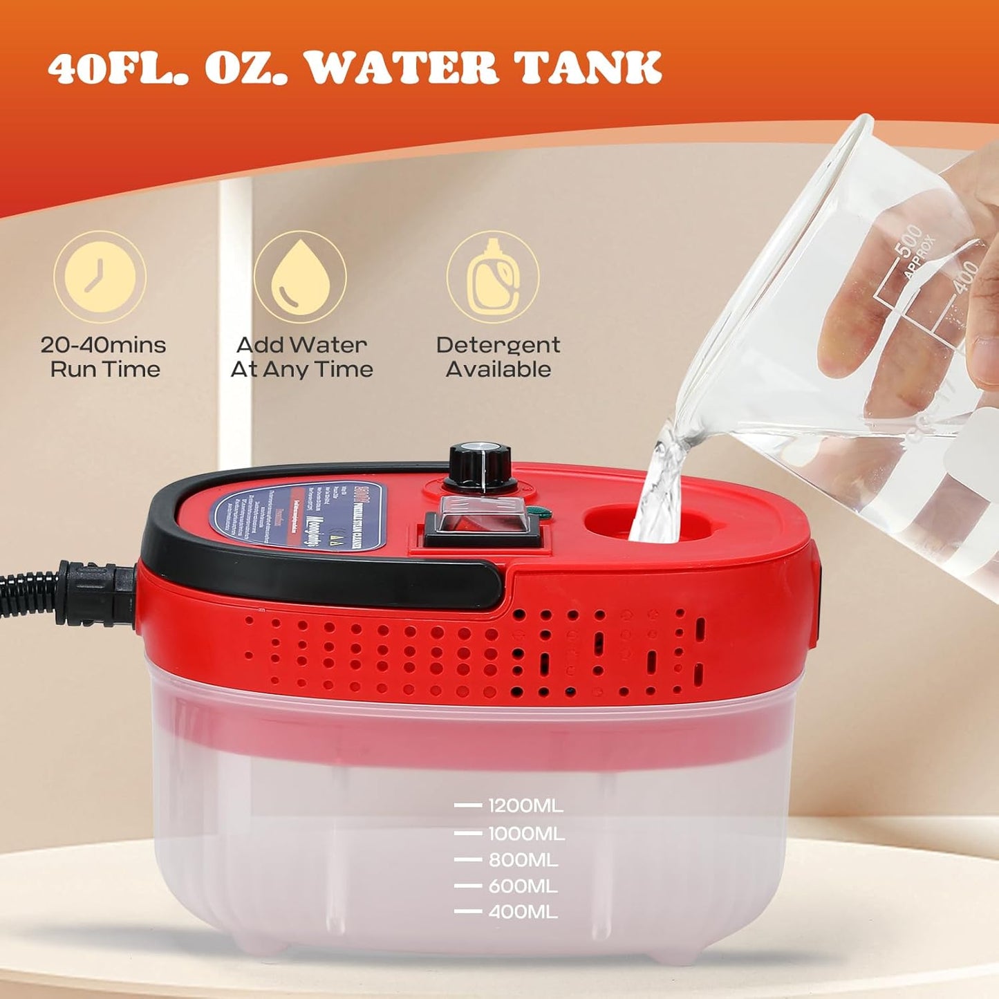 Moongiantgo Handheld Steam Cleaner, 2500W High Pressure Steamer for Cleaning, Portable Pressurized Cleaning Machine for Home Kitchen Car Detailing Grout Tile Bathroom with 1200ml Water Tank (Red)