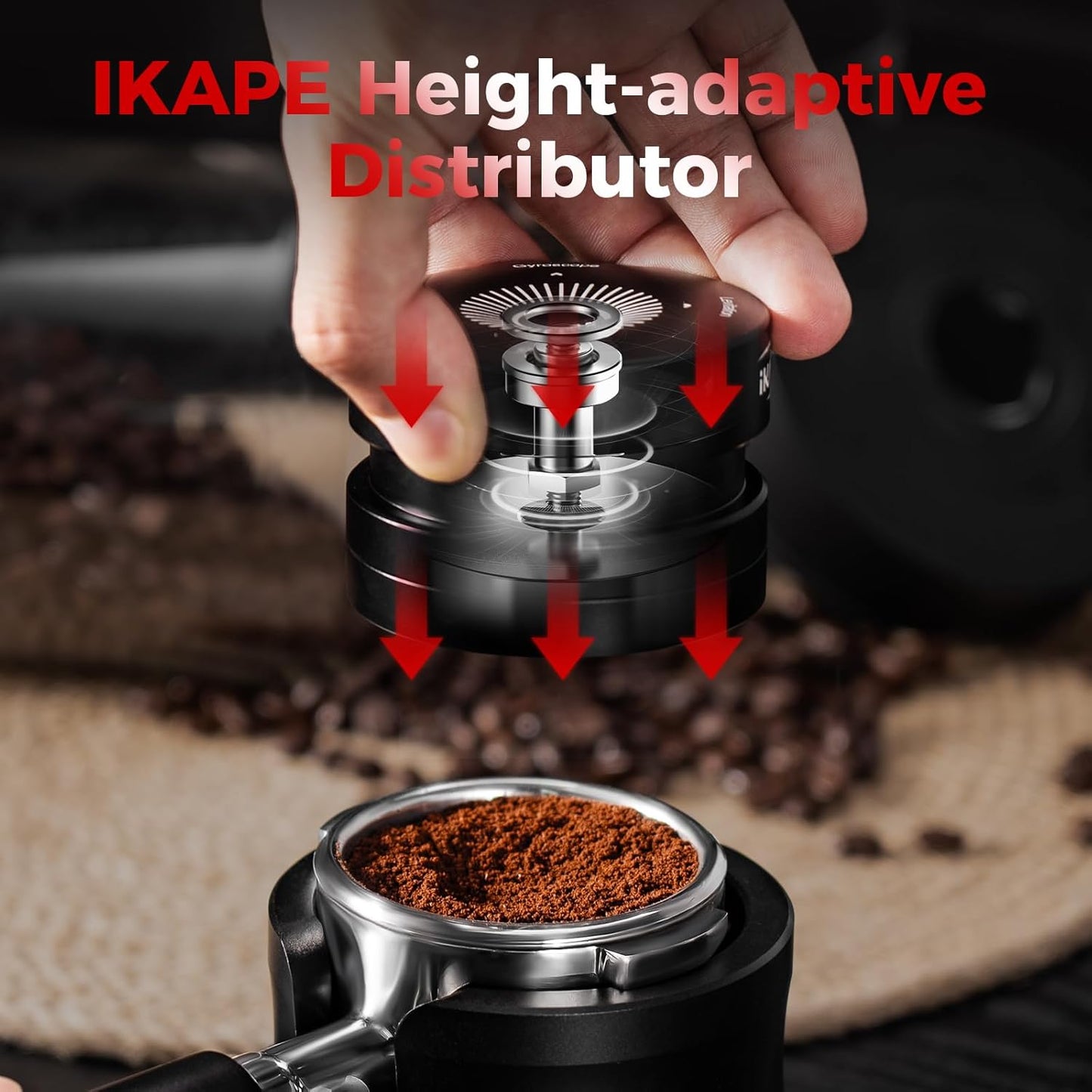 IKAPE 58.35MM Espresso Coffee Distributor, Coffee Dual-Bearing & High-Speed Distribution Tools, Adaptive Height Coffee Tamper Leveler for Over 58mm Portafilters