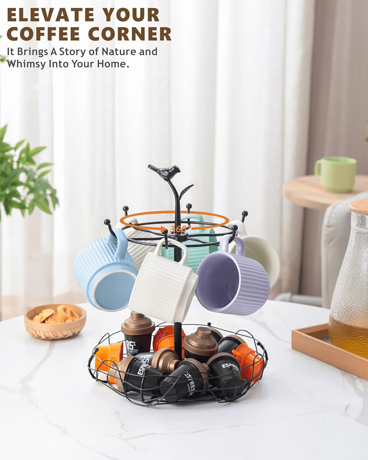Rotating Mug Tree for Countertop | Decorative Bird & Nest Mug Holder with Storage Basket | Holds 6 Mugs & Pods | 360° Spinning Coffee Cup Rack for Kitchen, Coffee Bar Accessories & Home Décor