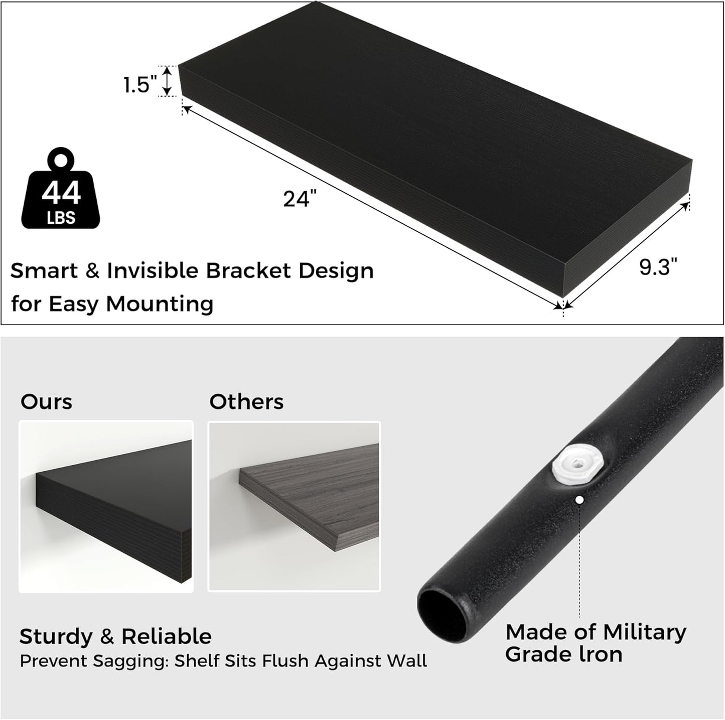 Floating Shelves - 2 Large Wall Mounted Shelves with Invisible Brackets, Long Wood Floating Wall Shelf for Living Room, Bedroom, Kitchen (Black, 24" W x 9" D x 1.5" H)