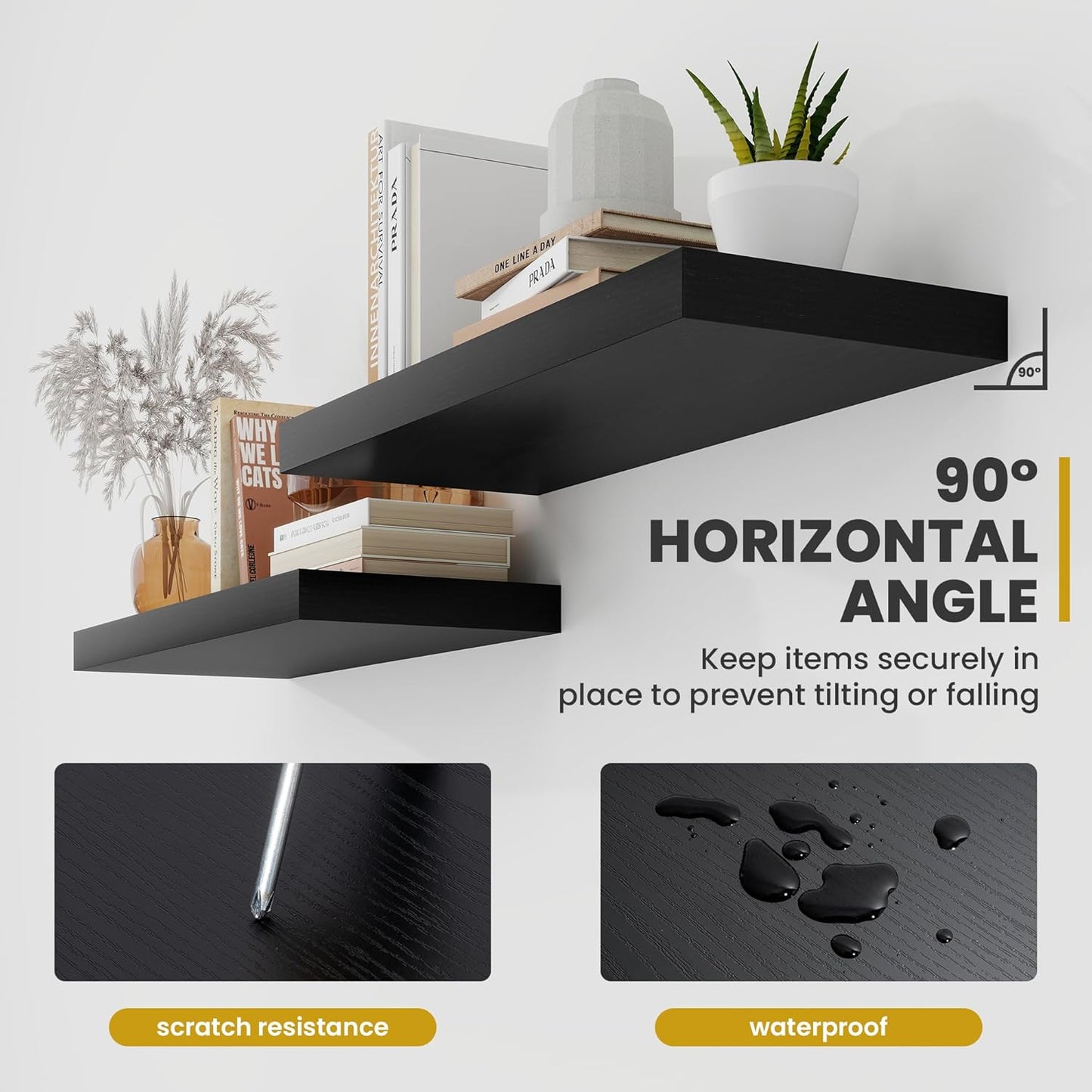 24 Inch Floating Shelves, 9.3" Deep Floating Shelf Wall Mounted, 24" Wall Shelves, Rustic Deep Bookshelf, Large Display Shelves & Storage Shelves for Bedroom, Living Room, Black, Set of 2