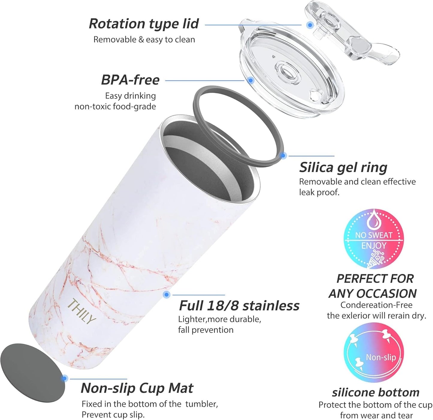 THILY Stainless Steel Vacuum Insulated Tumbler Travel Mug 26 oz Coffee Cup with 2 Lids and Straws, Splash Proof, Keep Ice Drinks Cold, Gold Marble