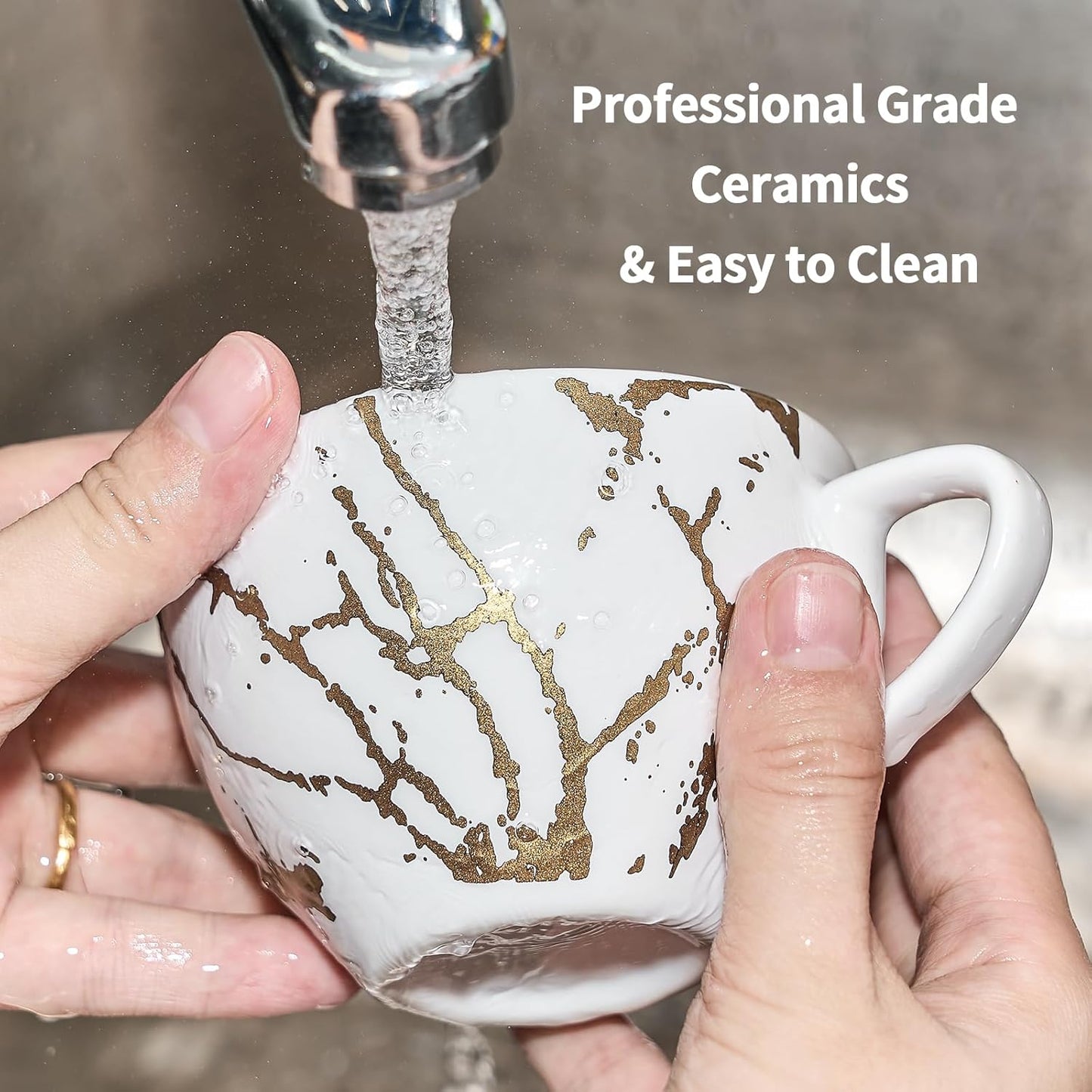 LUKA Ceramic Demitasse Espresso Cups Set with Saucers and Metal Stand, 8 oz Porcelain Stackable Cappuccino Cups Teacup For Tea, Espresso, Latte, Coffee, Cafe Mocha, Set of 4, White