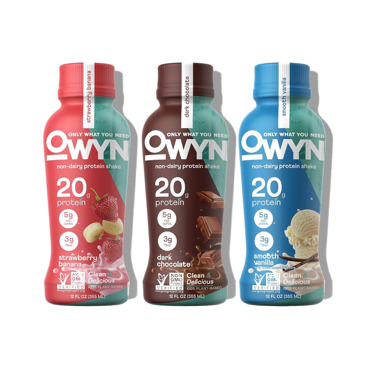 OWYN Only What You Need Protein Shake, 20g Vegan Protein, Ready to Drink, Dairy Free, Great Taste, 4g Sugar, 5g Net Carbs, Strawberry Banana Variety Pack, 12 Fl Oz (12 Pack)