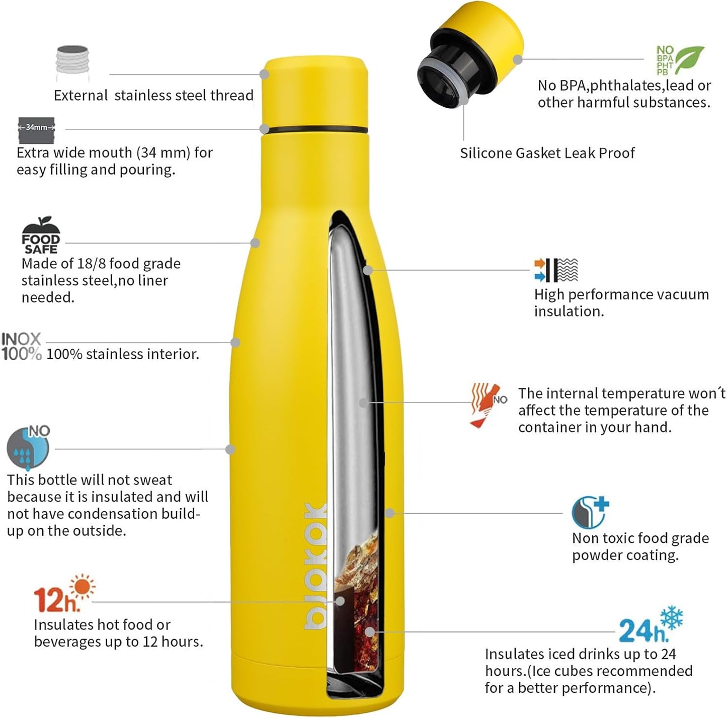 BJPKPK 17oz Insulated Water Bottles Stainless Steel Sports Water Bottles Keep Cold and Hot for Travel Dishwasher Safe,Yellow
