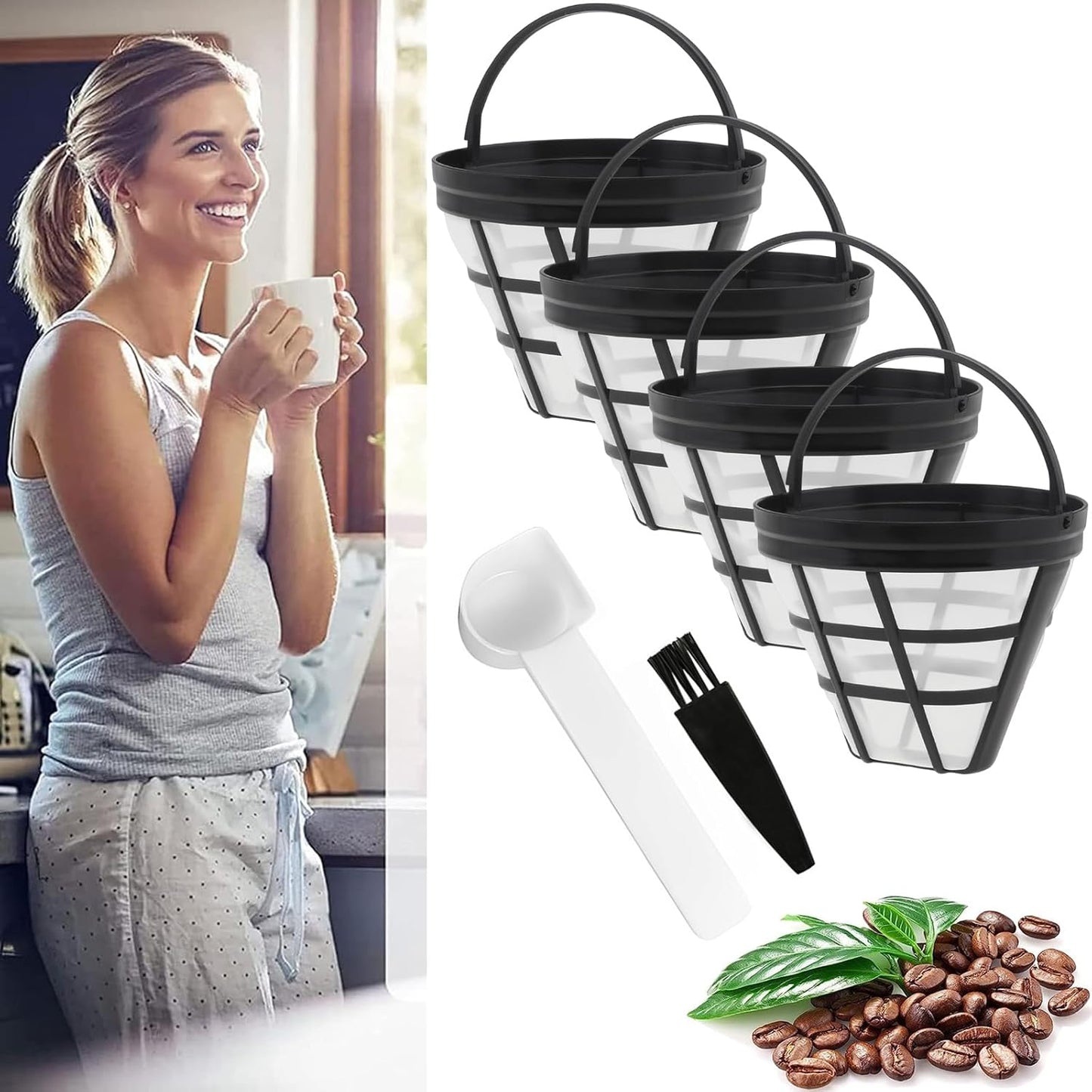 Reusable Coffee Filter Baskets, 4Pcs Cone Coffee Maker Filters #4 Replacement Coffee Filters 8-12 Cup with Spoon and Brush, Compatible with Ninja CFP301 CFP201 Coffee Machine Accessories