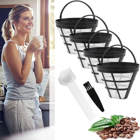 Reusable Coffee Filter Baskets, 4Pcs Cone Coffee Maker Filters #4 Replacement Coffee Filters 8-12 Cup with Spoon and Brush, Compatible with Ninja CFP301 CFP201 Coffee Machine Accessories