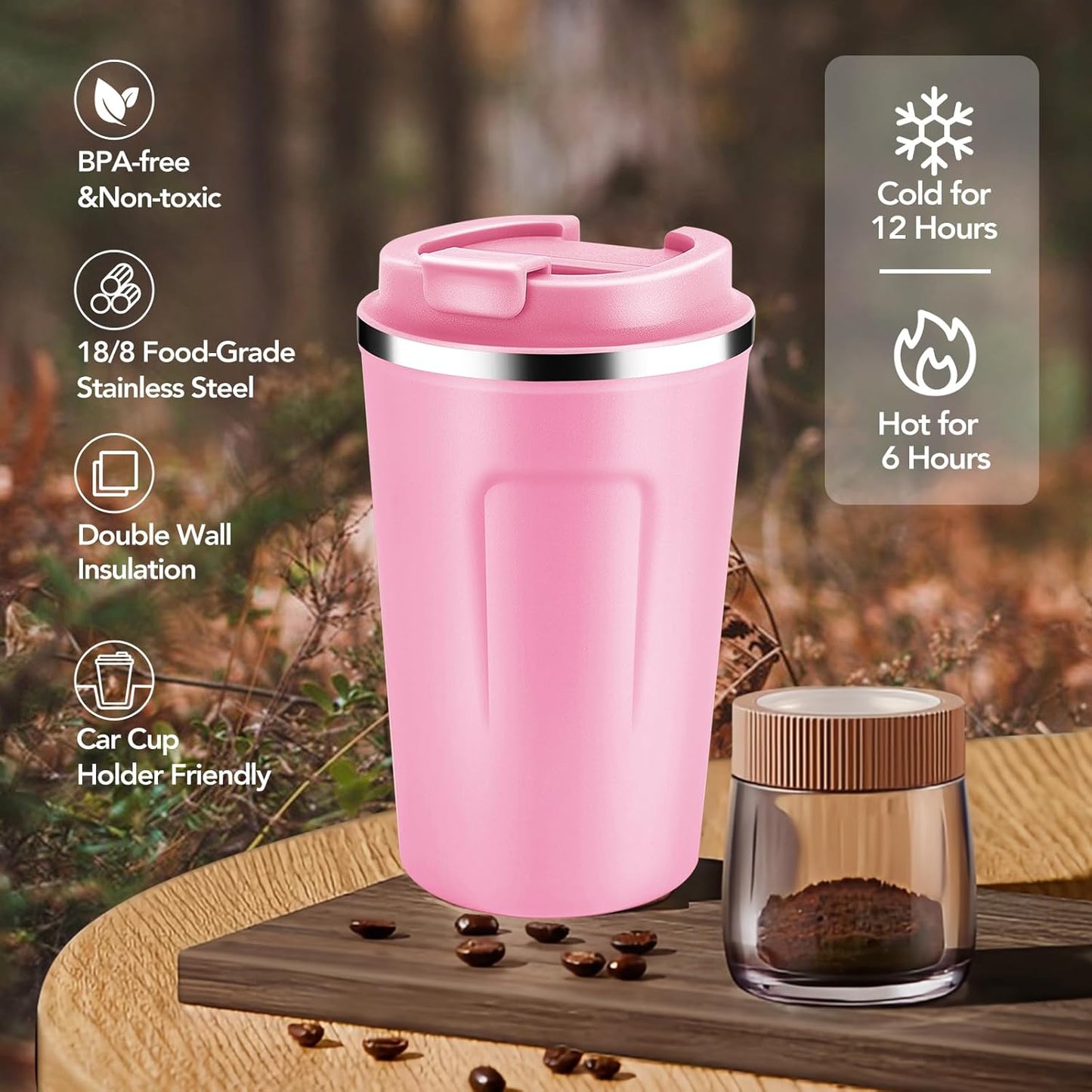 Volhoply 12 oz Double Wall Insulated Vacuum Travel Coffee Mug with Flip Lid,Reusable Stainless Steel Leak Proof Coffee Cup,Portable Iced Cafe Thermal Tumbler Suitable for Hot & Cold Drinks(Pink,1 Set)